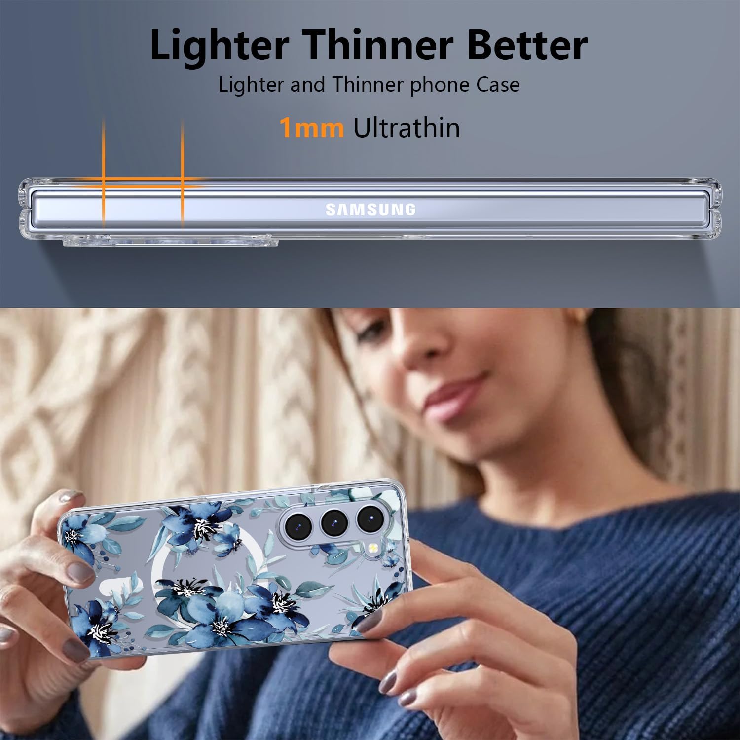 Magnetic for Galaxy Z Fold 4 Case, Clear Case with Flowers, Slim Anti-Yellow Hard PC Protective Soft TPU Bumper Cute Case for Samsung Galaxy Z Fold 4, Blue Flower(10-62)