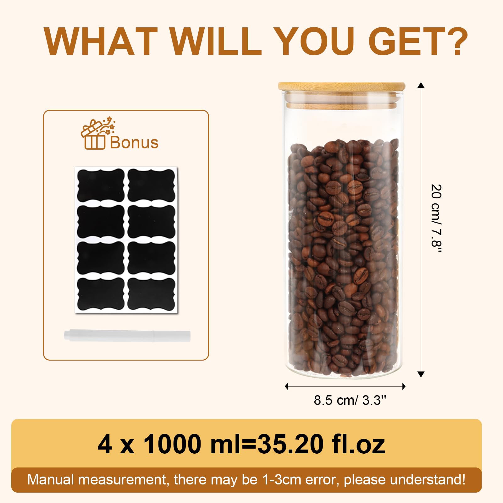 FoiiLiio 1000ml Tarros de Cristal Hermético Juego de 4 Botes de Cristal con Tapa de Bambu, para Cereales Judías Avena - Φ8.5x20cm