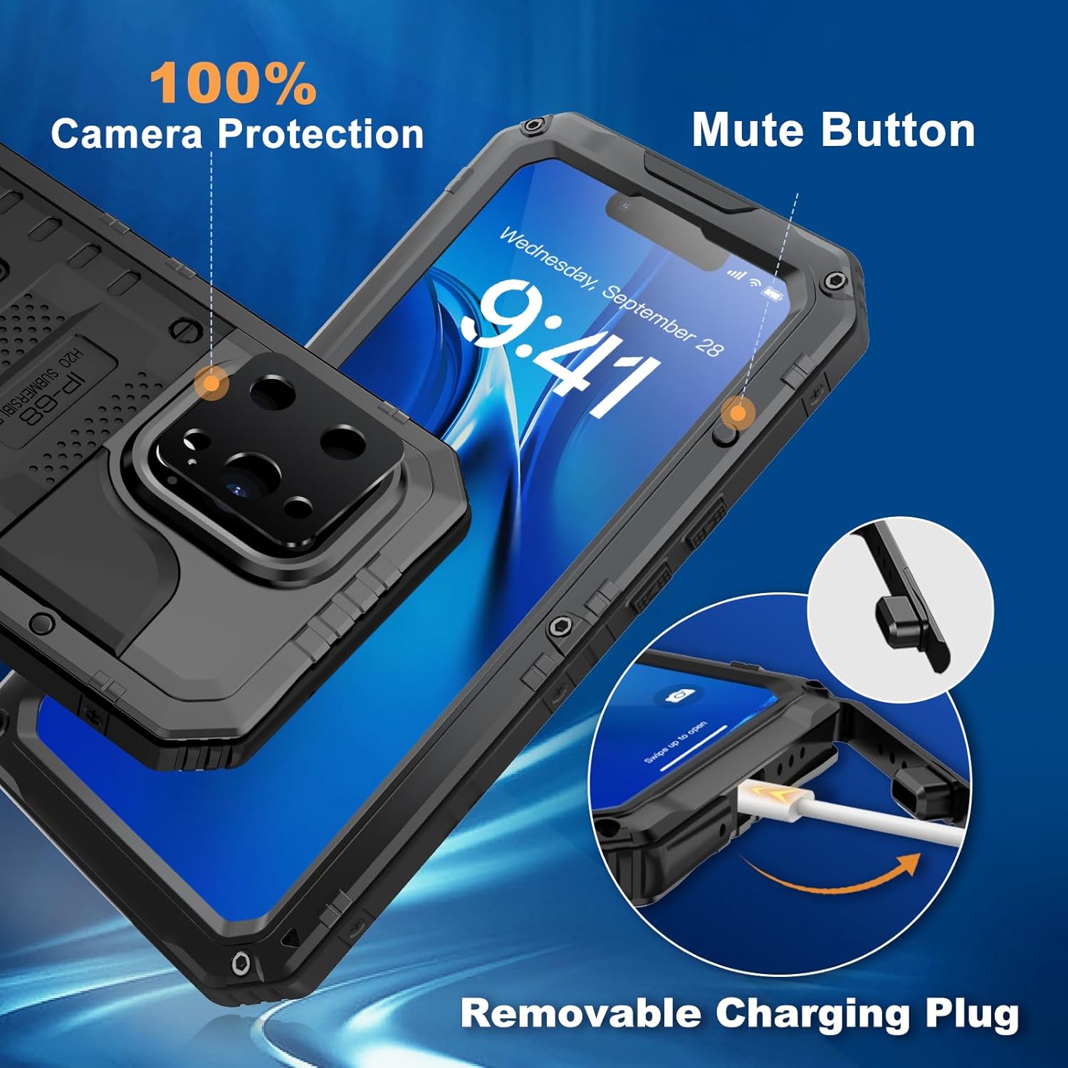 Mitywah Waterproof Case for iPhone 14 Pro Max, Heavy Duty Metal Case with Built-in Screen Protector, Military Grade Drop Protection Full Body Aluminum Protective Cover 6.7 inch, Black