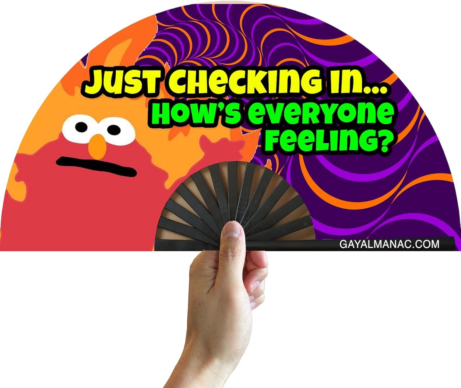 PandaTak Pride Festival Handheld Fan – Large 13" Bamboo Hand Fan Foldable with UV Reactive Ink – Funny Rave Accessory for Parties, Concerts, and Festival Outfits (Hellmo Checking In)