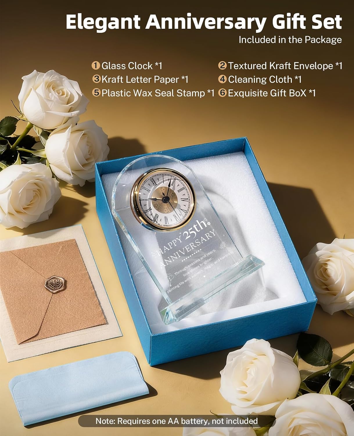 25th Anniversary Wedding Gifts, 25 Year Wedding Anniversary Clock, 25th Anniversary Marriage Gift for Couple, Parents, Him, Her (Glass Base)