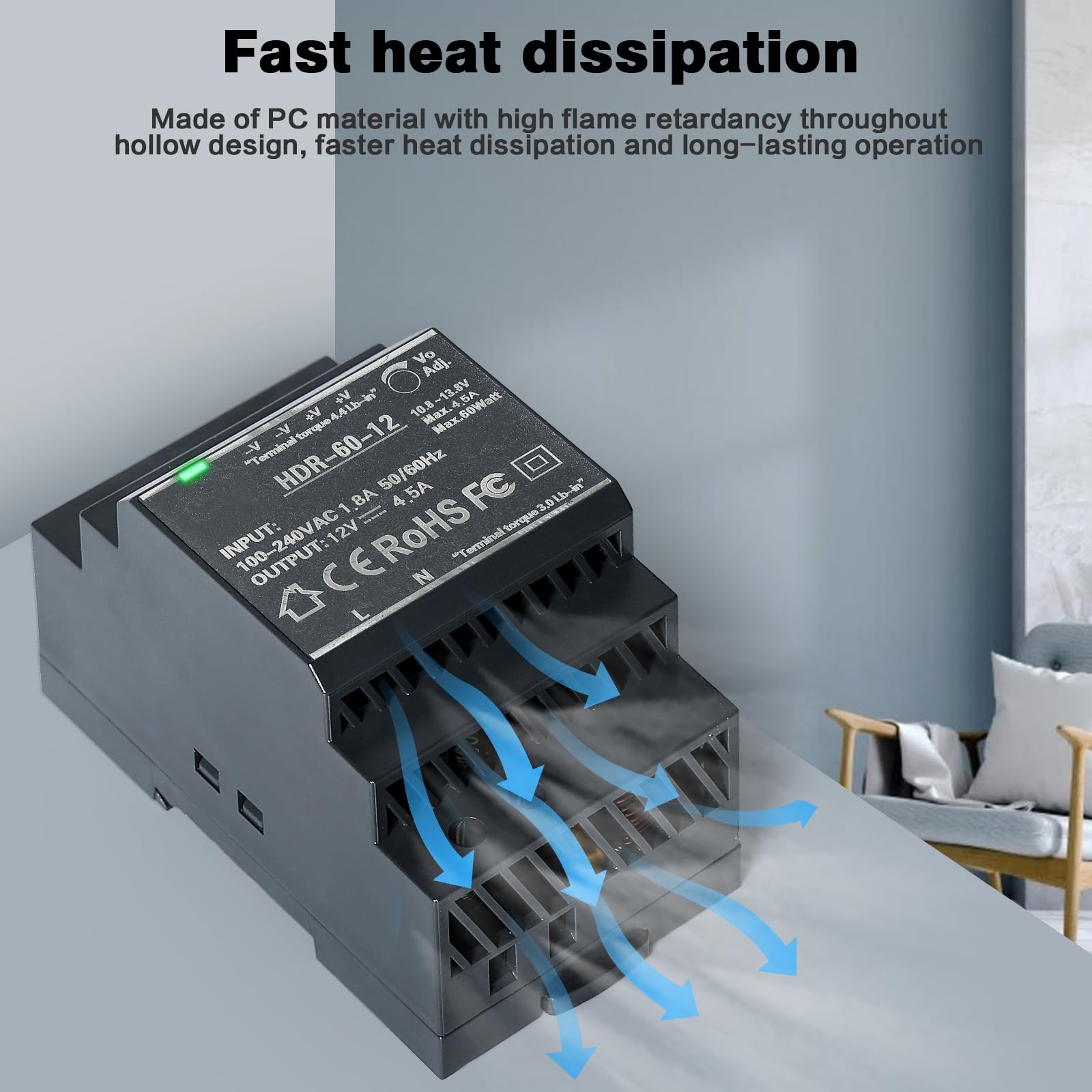 Jadeshay Zasilacz do szyny DIN 12 V DC 4.5A 60W Zasilacz sieciowy do szyny DIN Transformator dla urządzeń automatyki przemysłowej HDR-60W-12V4.5A