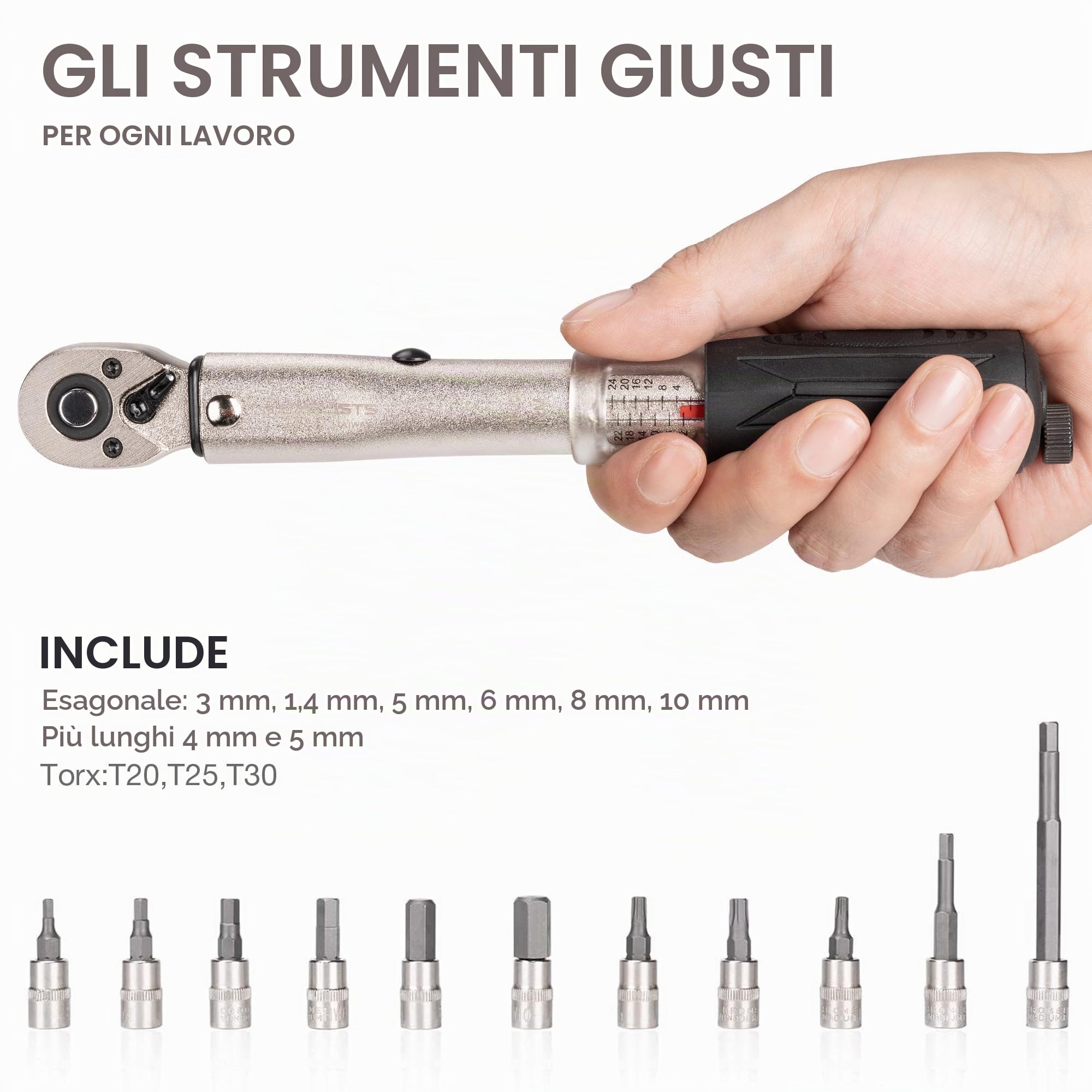 Set di chiavi dinamometriche da 1/4 di pollice con funzione a scatto – 2–24 Nm – Attrezzi per la manutenzione di bici da corsa e mountain bike – include inserti a brugola e Torx, oltre a prolunghe da