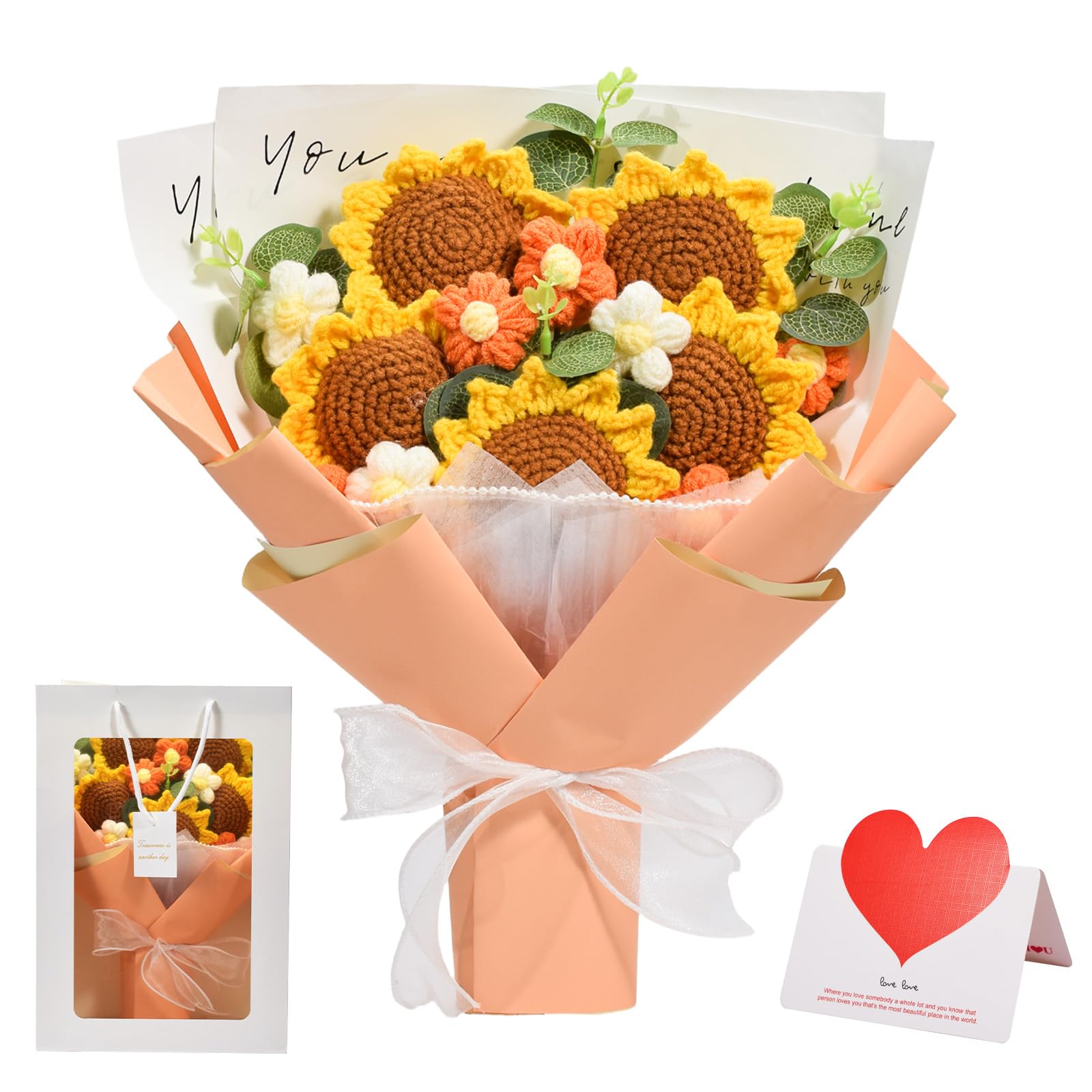 JIAXULER Knitted Flowers Bouquet, Crochet Sunflower Bouquet with Gift Bag, Handmade Artificial Flowers Gift for Mother's Day, Birthday, Graduation and Anniversary, Home Decor