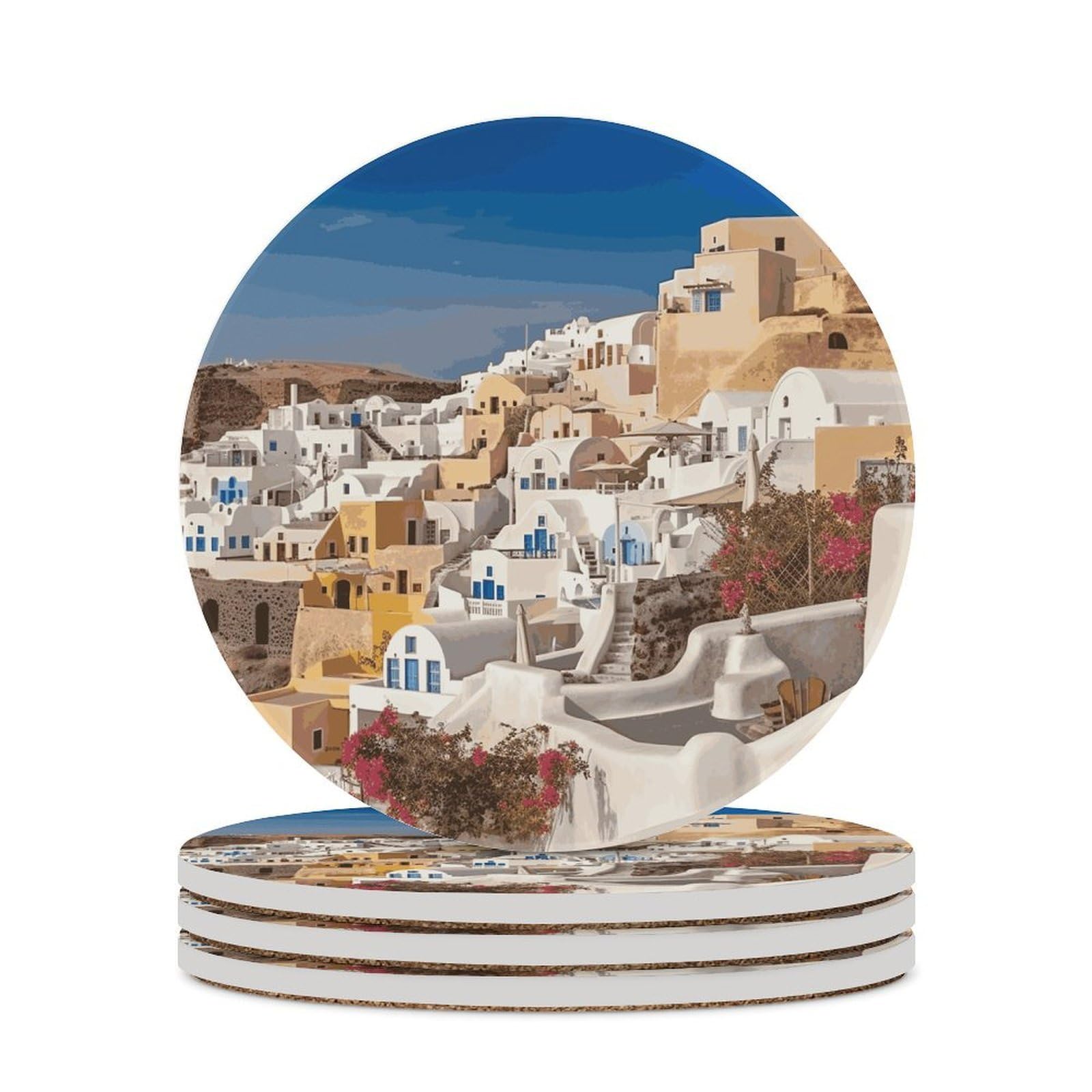 Khauerbc Style Santorini Town Drink Coasters With Holder For Coffee Table,Ceramic Coaster With Cork Base,Ceramic Stone Coaster For Iced Cold Or Hot Drinks,4.1 Inches