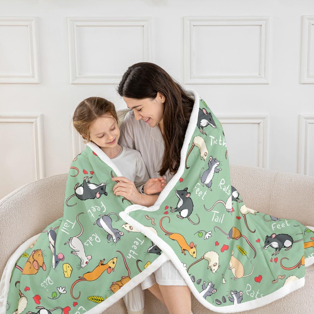 Erosebridal Kids Rat Plush Bed Blanket Twin Size Mouse Rodents Sherpa Blanket Funny Animal Love Heart Throw Blanket for Boys Girls Children Cartoon Style Fleece Throw for Living Room, Teal Blue