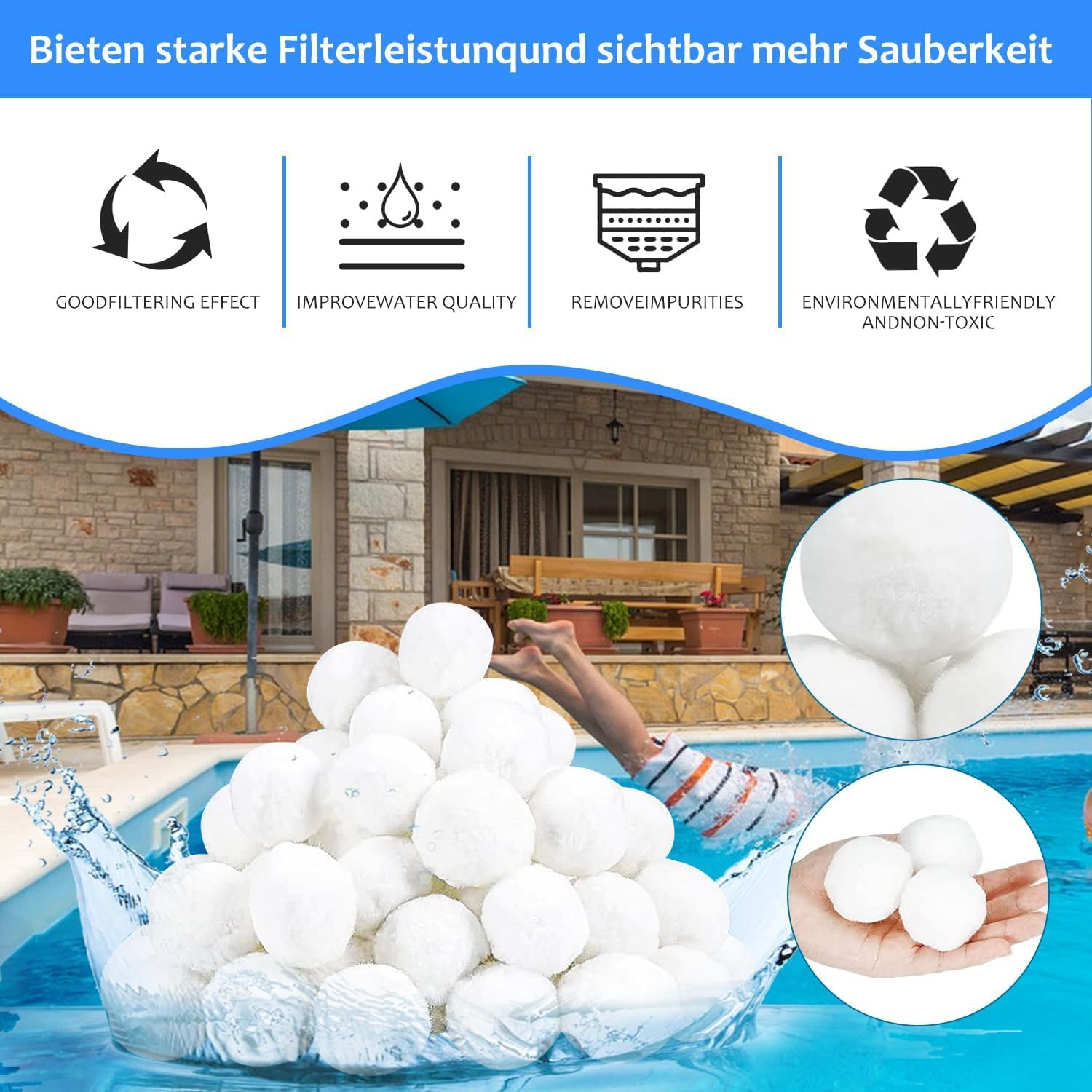 Pool Filter Balls, 3.1 lbs for Sand Filter, Eco-Friendly Fiber Media Equals 100 lbs Pool Filter Sand, Reusable Filter Media Balls, Higher Efficiency Water Filtration for Swimming Pool