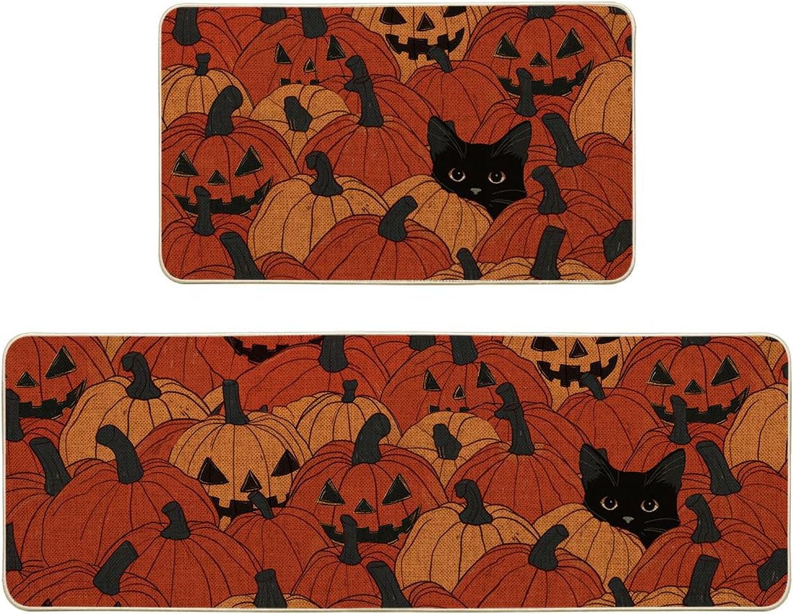 Artoid Mode Cat Jack-O'-Lantern Pumpkin Halloween Kitchen Mats Set of 2, Low-Profile Home Decor Kitchen Rugs for Floor - 17x29 and 17x47 Inch