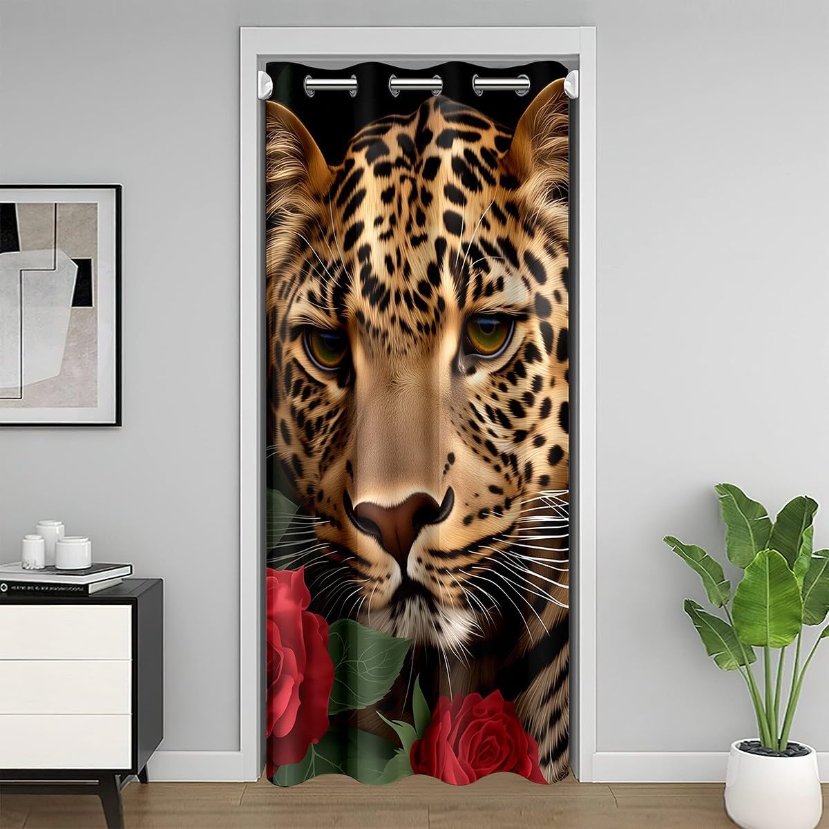 Red Rose Cheetah Blackout Curtain, Cat Leopard Print Privacy Door Curtain, Romantic Flowers Blackout Curtain, Animal Theme Door Drape Decor for Bedroom Doorway Living Room, 1 Panel, 42" W X 80" L