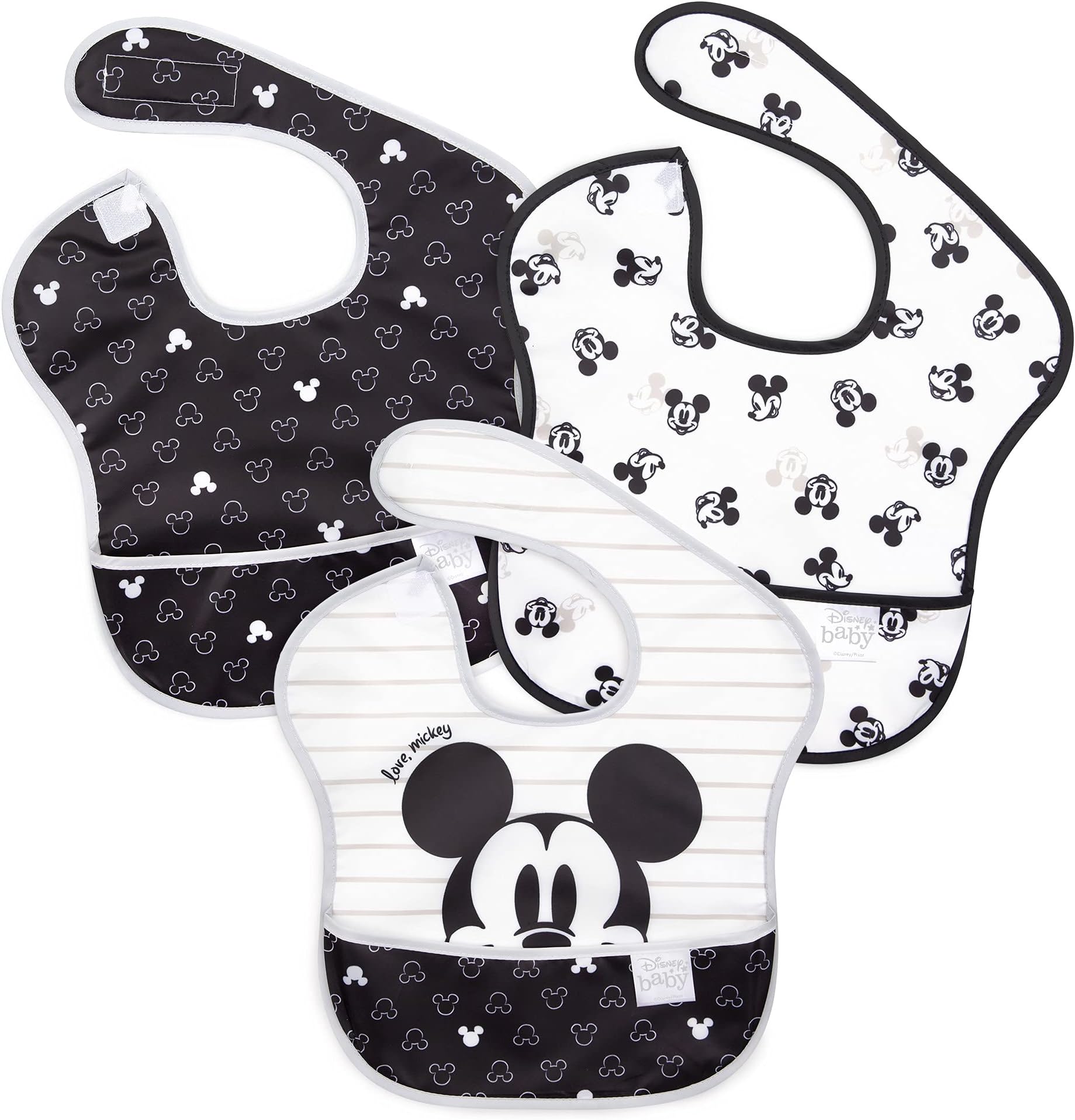 Bumkins BM-S3DMK11 Disney Collaboration Bib Series, Set of 3 Oil-Removing Bibs (Genuine Japanese Product) Super Bib, Soft, Lightweight, Machine Washable and Quick Drying, Waterproof for Meals, 6 to 24 Months, Love Mickey (Monotone)