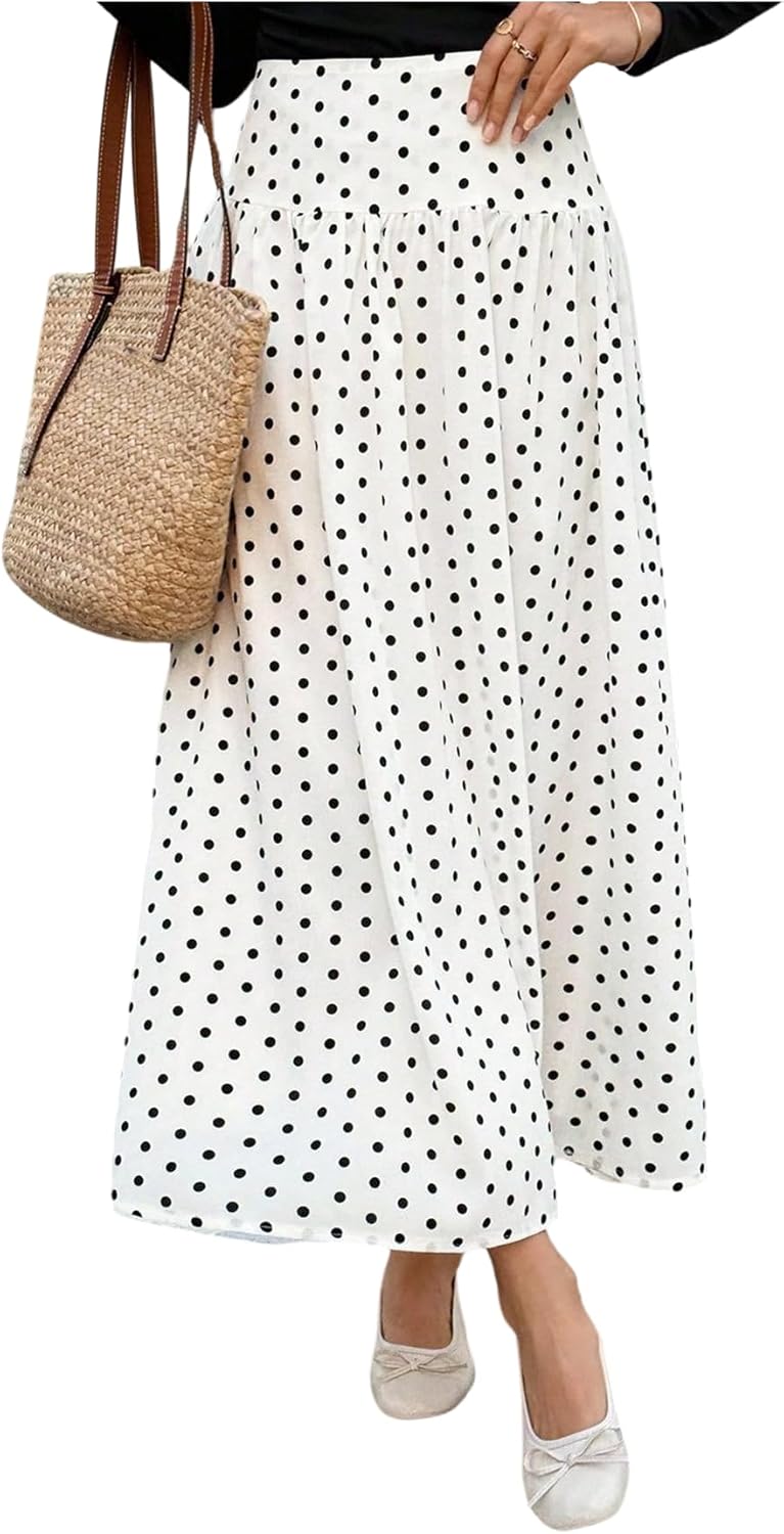 Milumia Women's Polka Dots Print Flowy Long Skirt Elegant Pleated High Waisted Flared Maxi Skirts