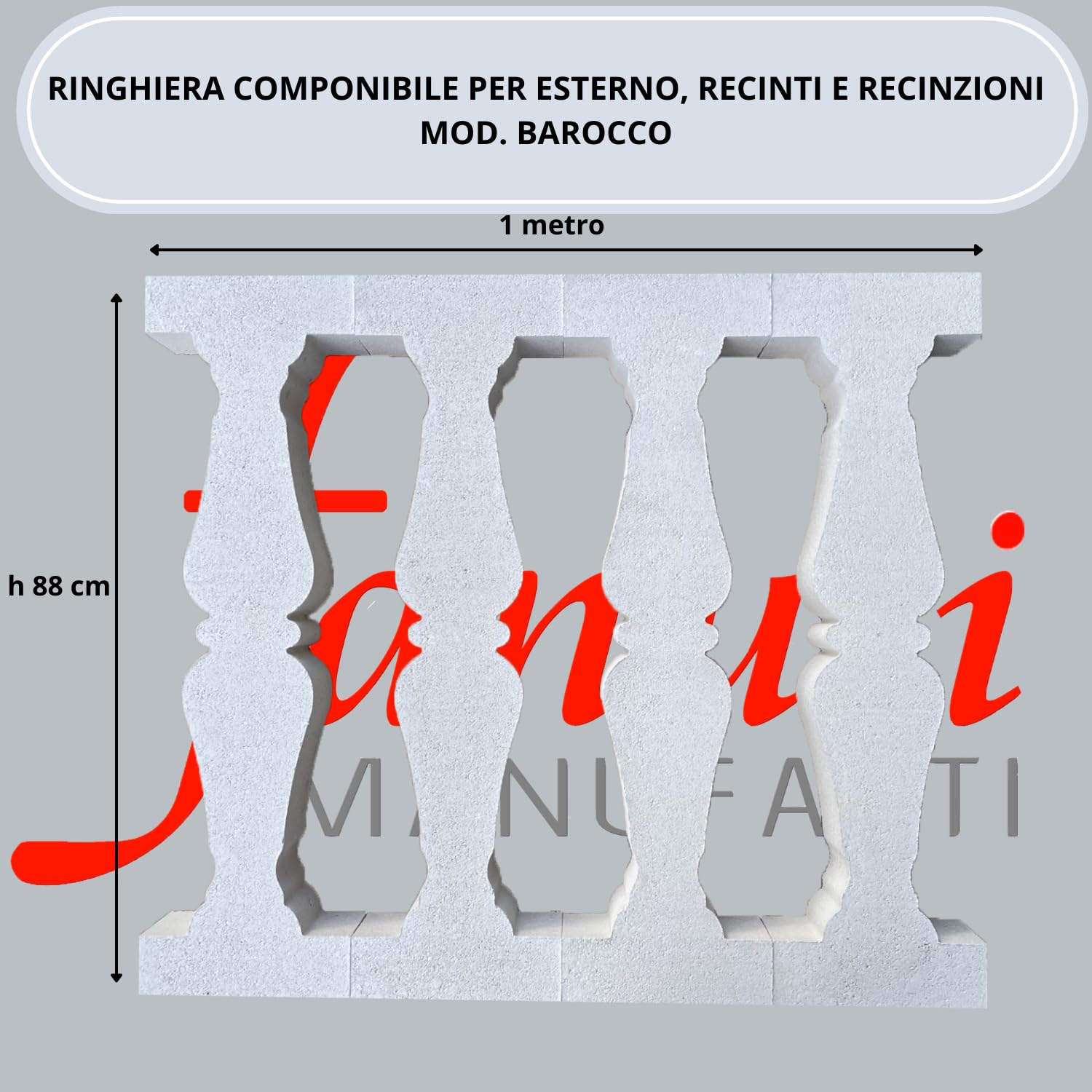 Ringhiera Barocco In Cemento Bianco Fanuli | Componibile Per Balconi E Recinzioni, Altezza 88 Cm (1 Metro Lineare)