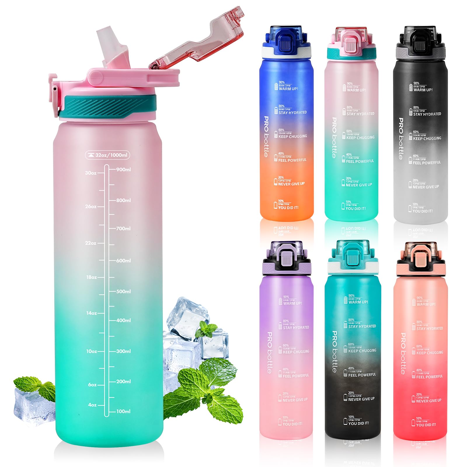 SEASEVEN Sports 1L Water Bottle with Straw,Plastic Drinks Bottle,1 Litre Water Bottles with Time Markings,Waterbottle Leak Proof-Bpa-Free for Gym,School, Office,Travel (Pink-Green)