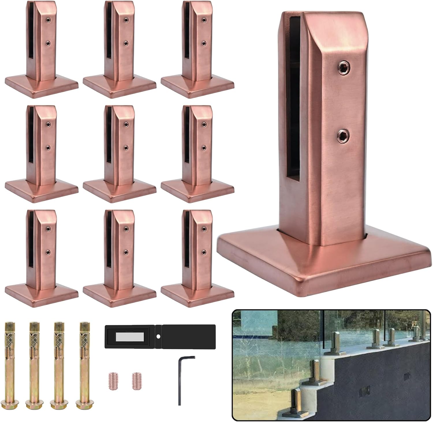 Stainless Steel Glass Clamp Shelf Holder Bracket Support with Gasket for Balcony Railing Post Stair Parts Pool Fence Balustrade Glass Holder Suppor,Rose Gold,10 Piece