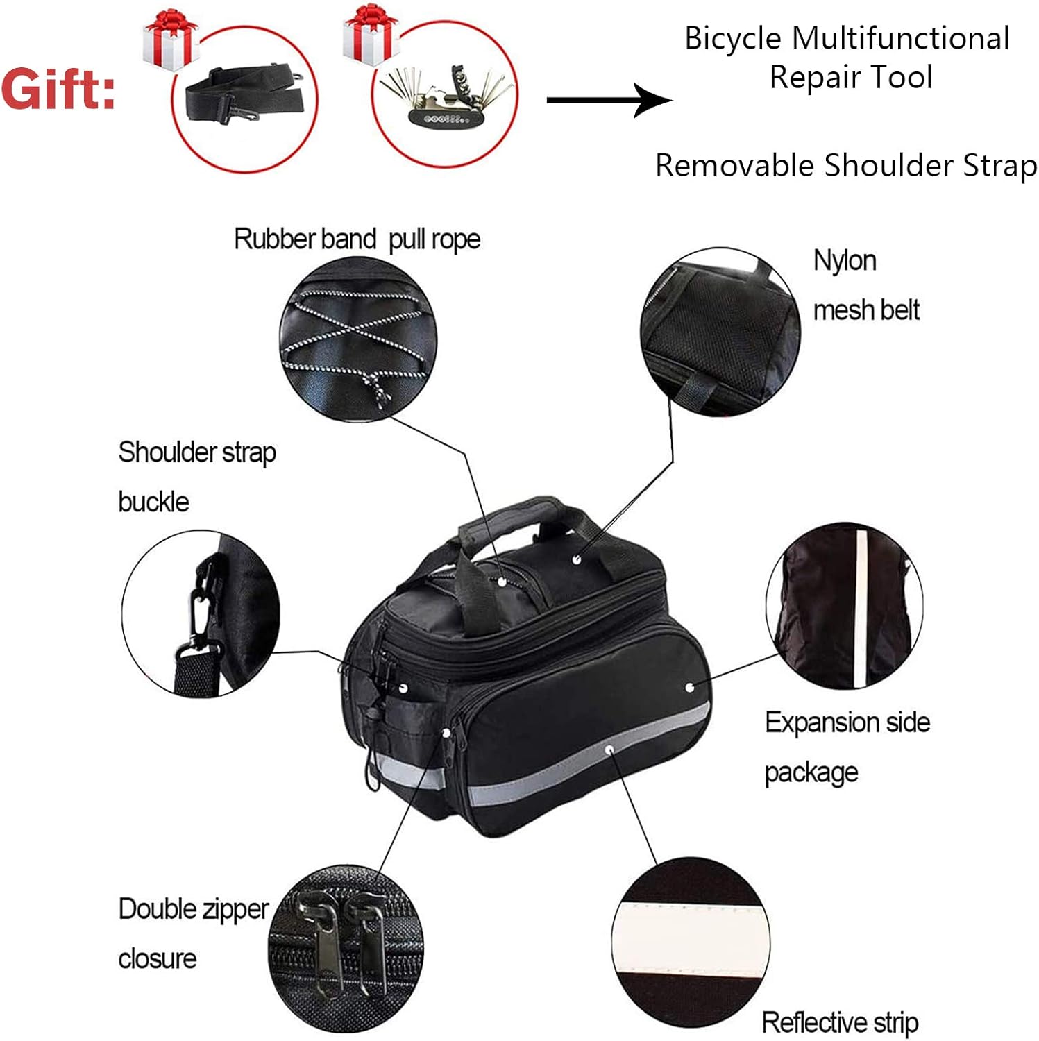 Farway Bike Bag Bicycle Rack Bag Waterproof Bicycle Rear Trunk Bag Shoulder Strap Panniers Bike Accessories with Rain Cover, Reflective Trim,Zipper Pockets & Bottle Case with Bicycle Repair : Everything Else