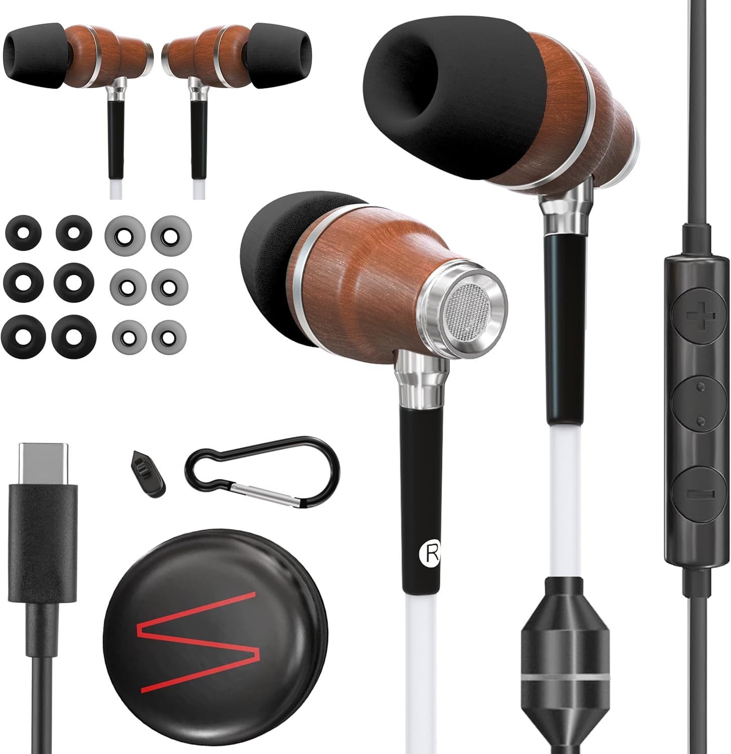 Symphonized Premium Wooden Airtube Headphones EMF Earbuds, 3D Sound, Microphone Volume Control, 8mm Bass Drivers Granting High Audio Quality for USB C Android Devices and iPhone 15, 16, 17