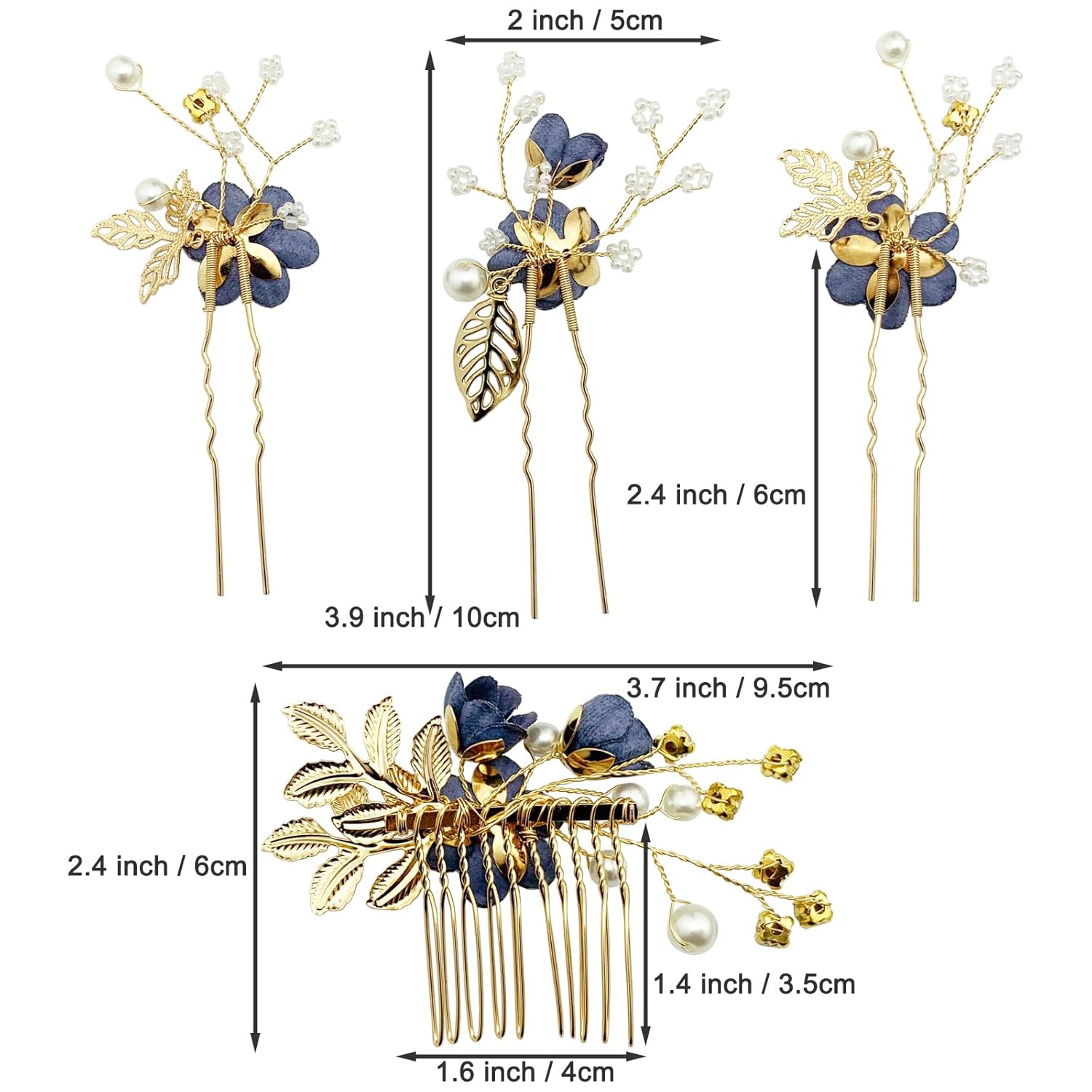 Wedding Flower Hair Pieces Set 4pcs Bridal Dark Blue Floral Crystal Pearl Gold Leaf Vine Hair Combs Pins Accessories for Women - Image 5