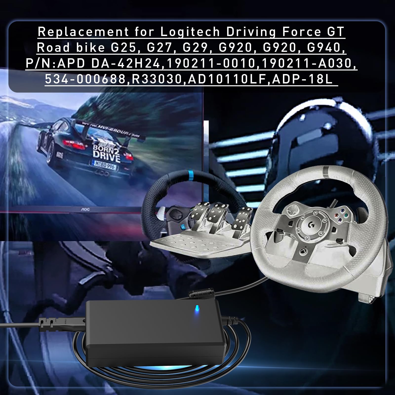 HY1C 24V Power Supply for Logitech G920 G29 G25 G27 G923 G940 Driving Force GT Racing Wheel APD DA-42H24,190211-0010,190211A030,534-000688,AD10110LF,ADP-18Ll Power Cord AC/DC Adapter Charger Cable