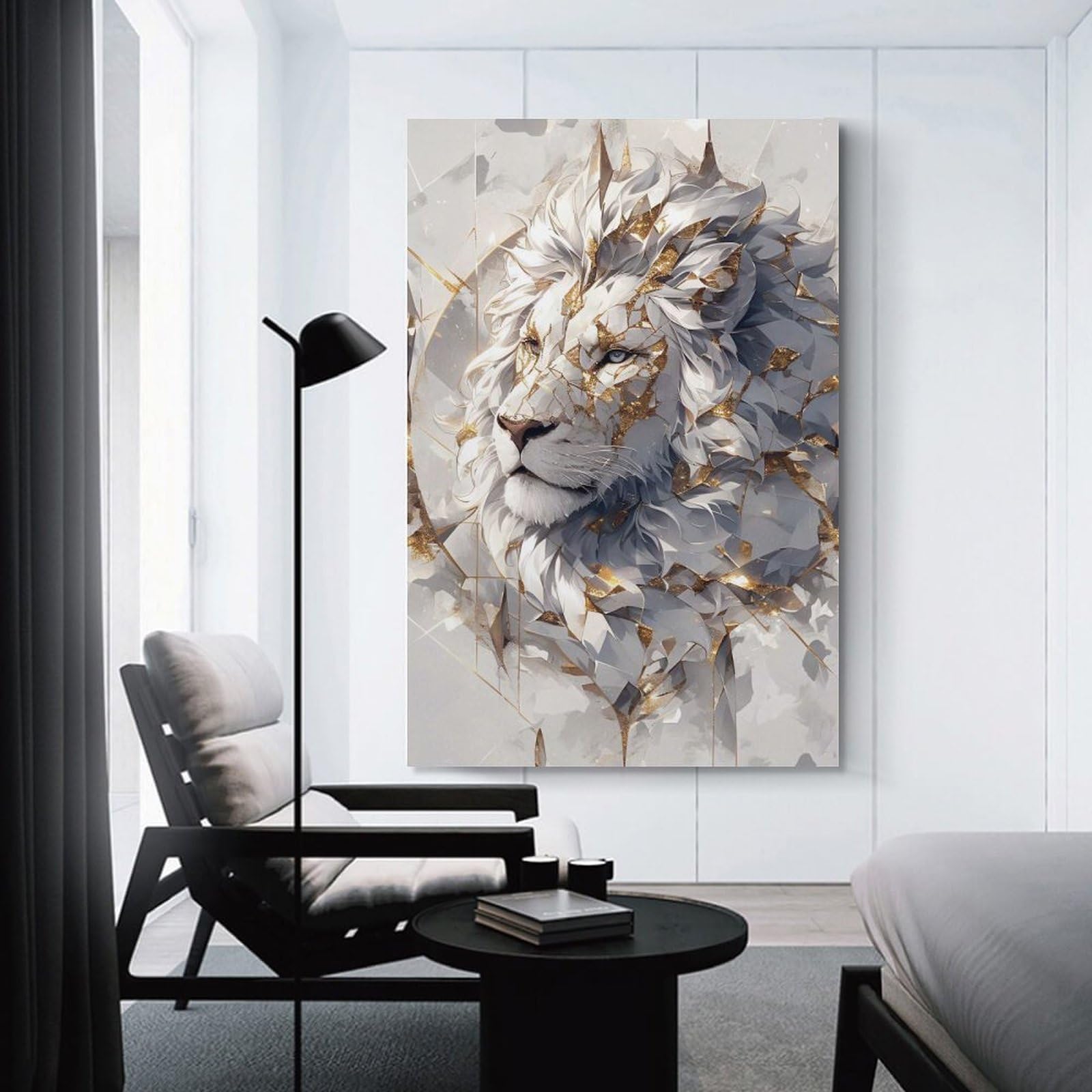 Junmoney Home Decor Wall Art Majestic White Lion with Gold Accents, 08x12inch(20x30cm), for Gallery Wall Decor And Room Displays, An Easy Match for Collected Prints