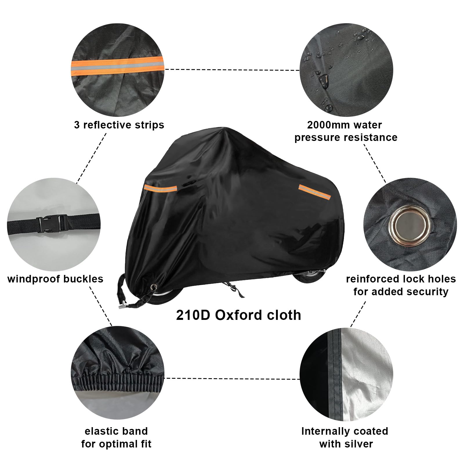 USHOP Funda para Moto Exterior XXL,Funda Moto,Tejido Oxford 210D,protección UV,con Bandas Reflectantes,Orificio para candado y Correas antiviento,para Motos,Scooter(245x105x125 cm)