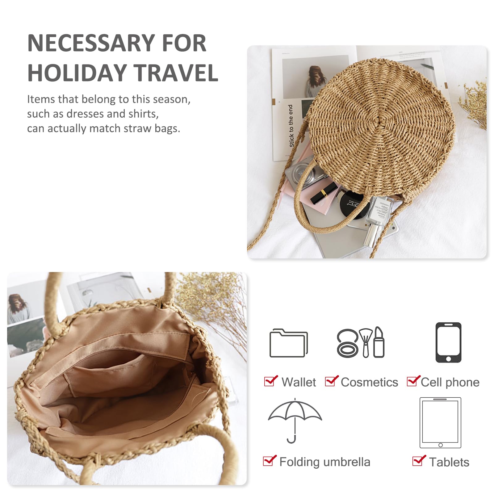 NICOLE & DORIS Bolso de Playa Bandolera Bolso de Paja Redondo Mujer Bolso de Hombro Verano Bolso de Mano Crossbody Bolsa Tejida de Ratán de Verano para la Playa Caqui