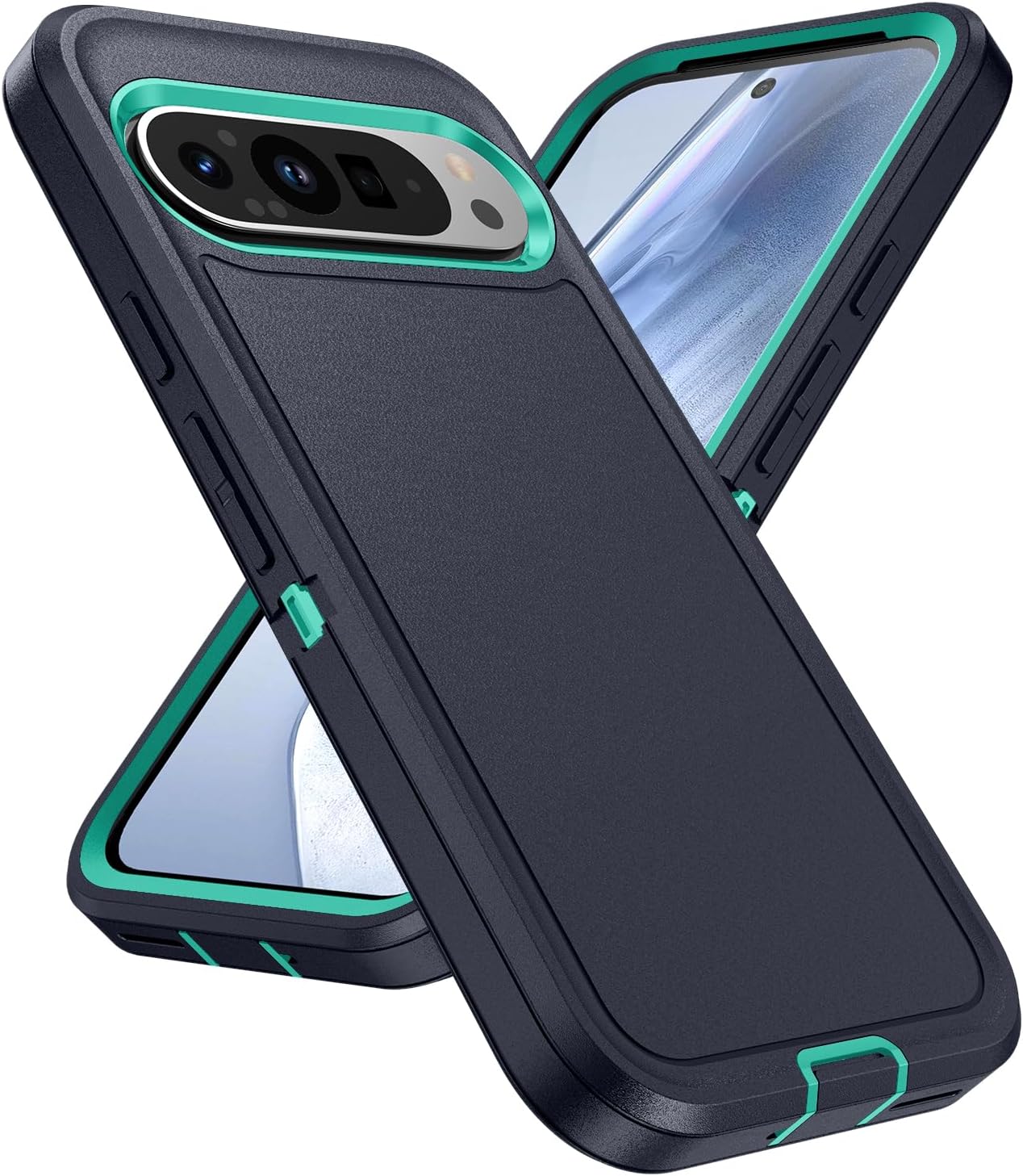 Designed for Google Pixel 9 Case Pixel 9 Pro Case 3 in 1 Military Grade Protective Case Cover Silicone Heavy Duty Rugged Shockproof for Pixel 9/Pixel 9 Pro Phone Case (Navy+Cyan)