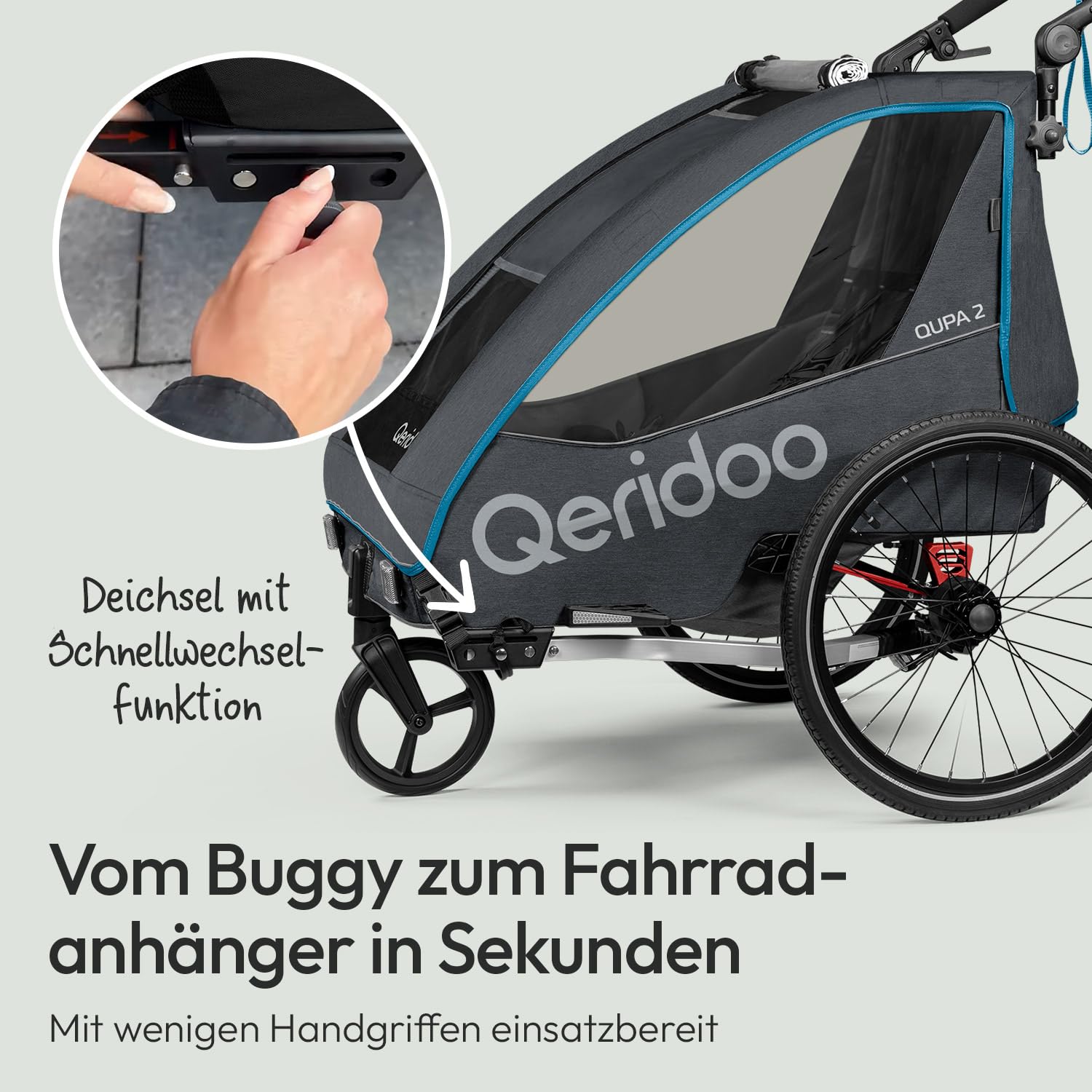 Qeridoo QUPA 2 Blue Comfort Sport Set | Fahrradanhänger 2 Kinder mit Joggerrad, Kupplung & Faltgarage | Kinderfahrradanhänger | Fahrrad Anhänger Kinder | Kinderanhänger Fahrrad | Jogger Kinderwagen