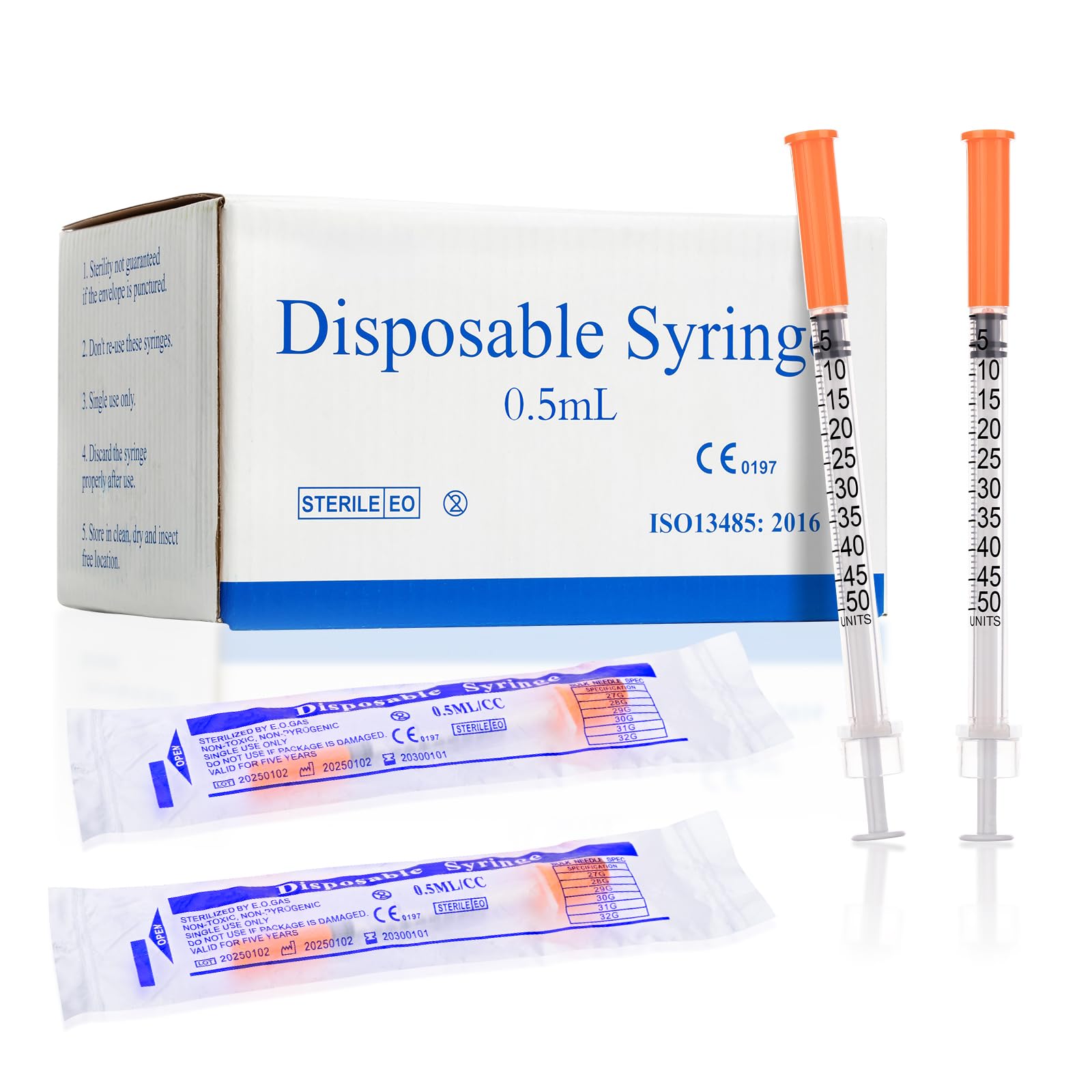 (U-100)-1/2ML 32 Ga Syringes 5/16 Inch (8mm) 0.5ml/cc, Pack of 100