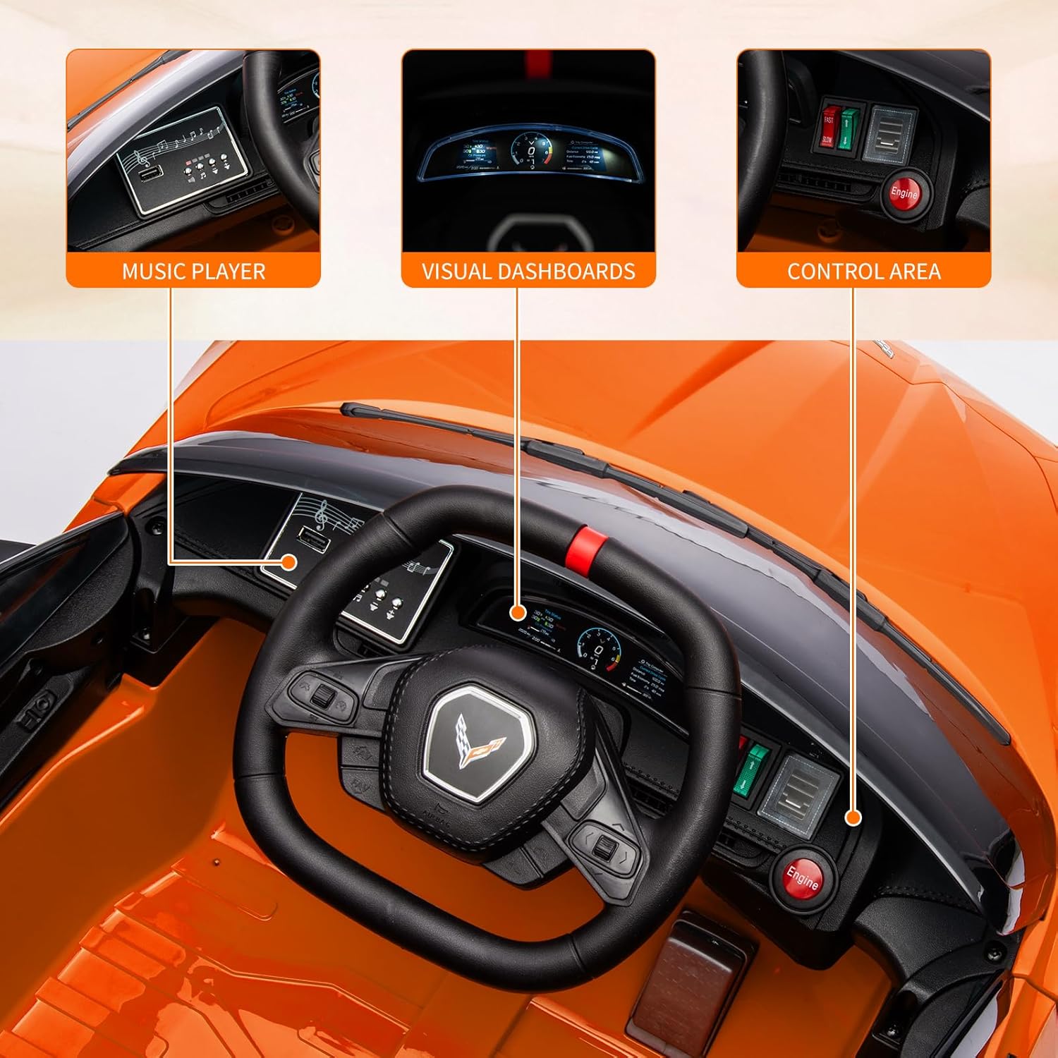 Ride on Sports Car 12V Battery Powered Car for Kids Licensed Corvette Toddles Electric Car Toy with Remote Control, Visual Dashboard, Music, LED Lights, Gifts for Boys Girls, Orange