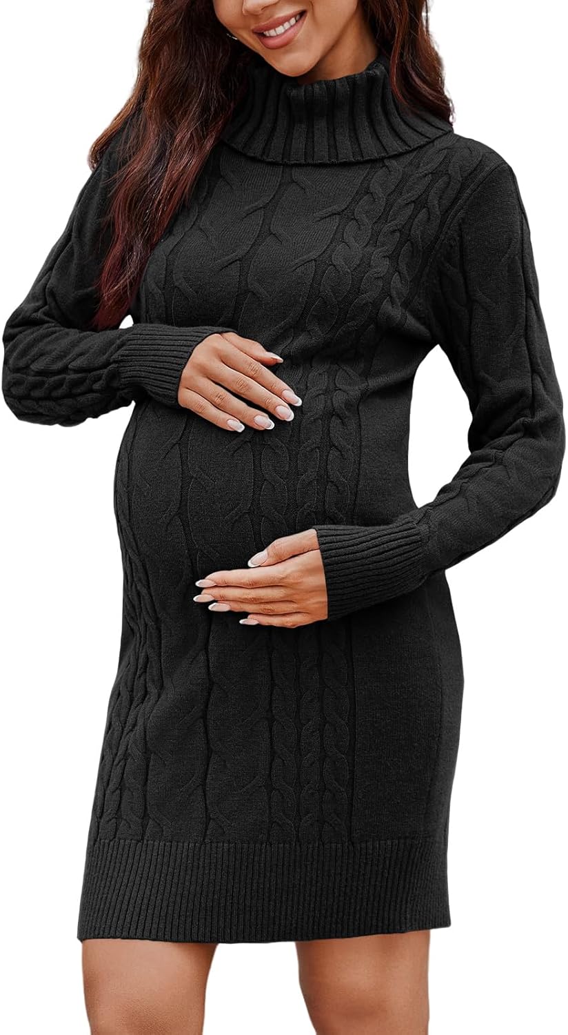 Langwyqu Womens Maternity Sweater Dress Cable Knit Sexy Bodycon Turtleneck Long Sleeve Mini Fall Sweaters Dresses