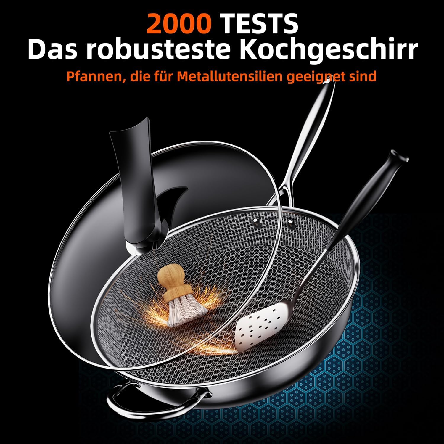Kiseely Hybrid Wokpfanne mit Deckel 34 cm, Antihaft edelstahl Wokpfanne induktion, Bratpfanne mit Antihaftbeschichtung, Induktionfest pfanne, BPA/PFOA-frei wok (RD1)