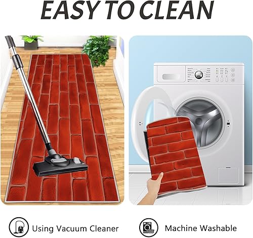 Miniatura 6 de 2Pcs Farmhouse-Style Brick Wall Kitchen Mats for Floor Deep Red Retro Geometric Printed Non-Slip Washable Rugs Set Runner for Holiday Decor Entrance