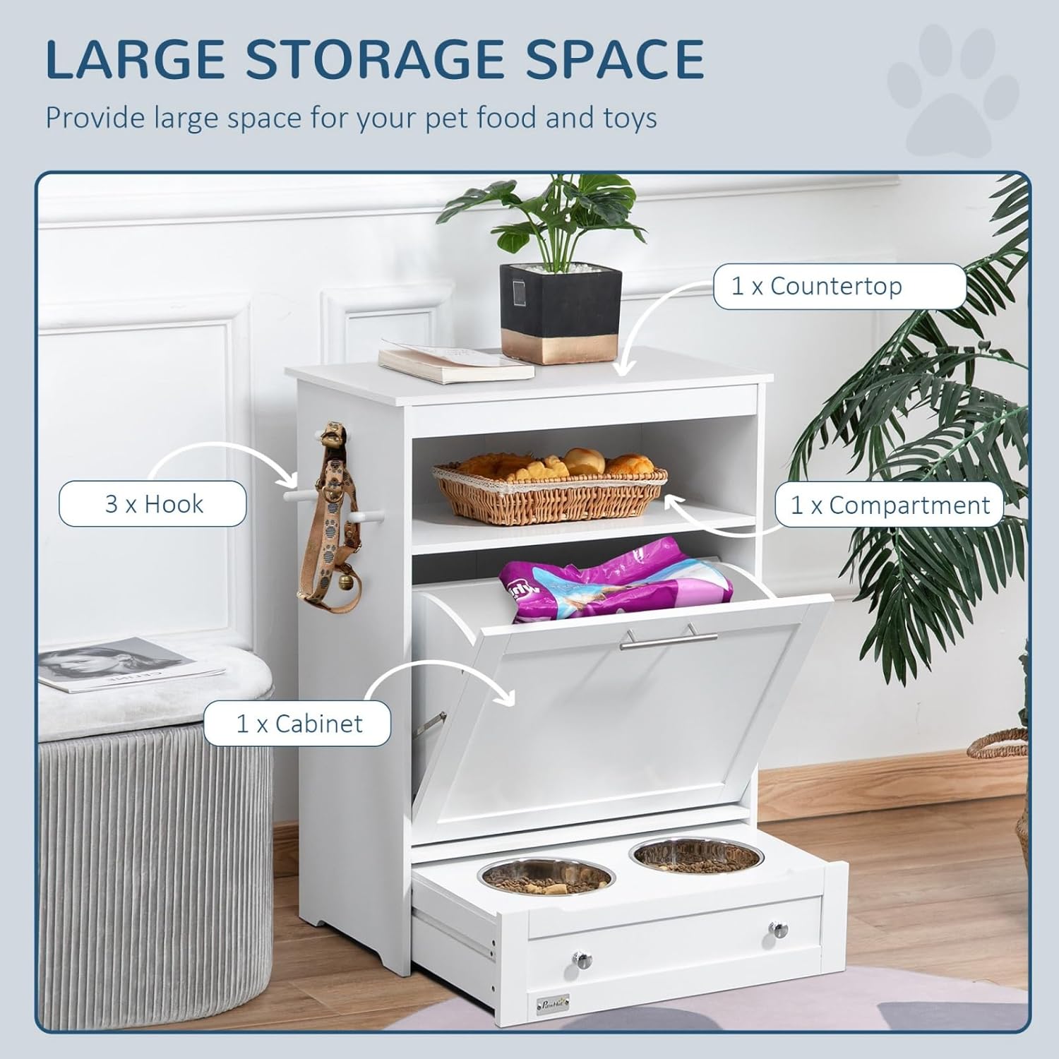 Pet Feeder Station Storage Cabinet, Dog Food Storage Container with Dog Raised Bowls and Hanger for Feeding & Watering Supplies, White