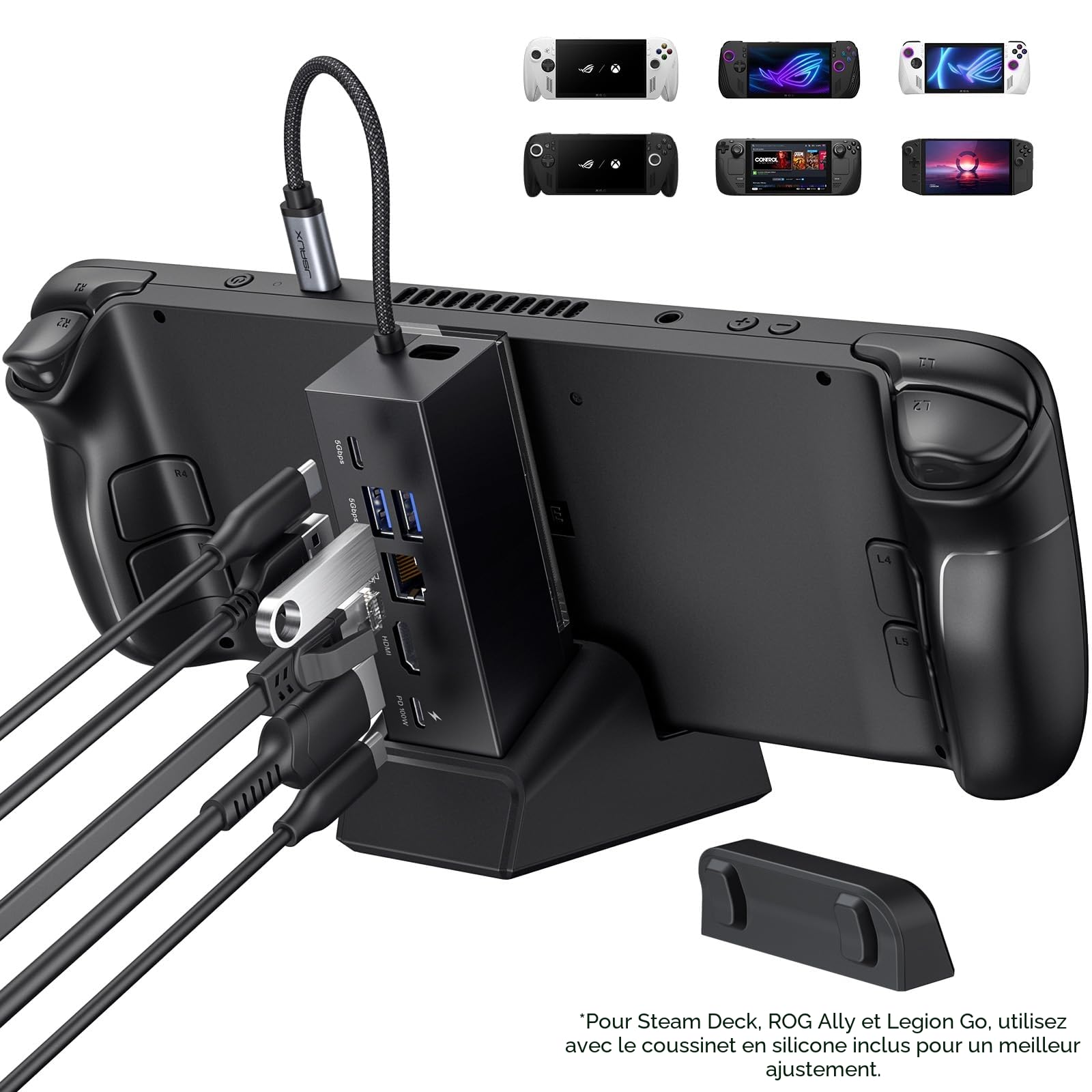 JSAUX Station d'accueil pour ROG Xbox Ally X (2025)/ROG Ally X/ROG Ally X/Steam Deck/Legion Go, Dock 6-en-1 avec HDMI 4K@120Hz, Ethernet Gigabit, USB-A et USB-C 3.2 Gen 1, Charge 100W – HB0609 Noir