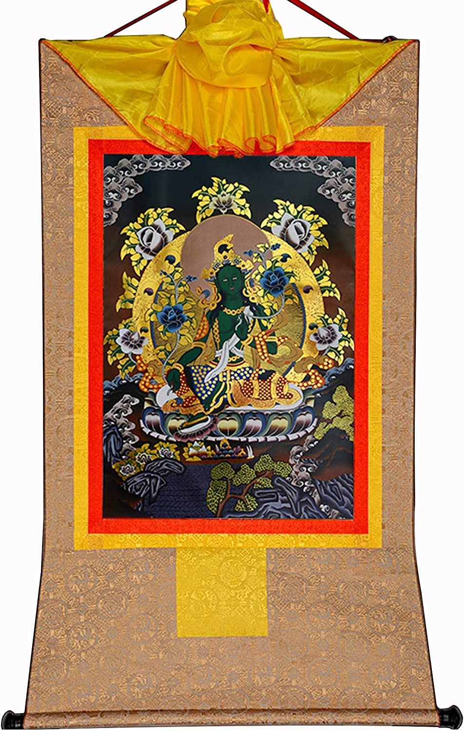 VHKJewE Green Tara,Khadiravani, Buddhist Thangka Brocade,Black Type(Beige,Large(85cm*63cm))