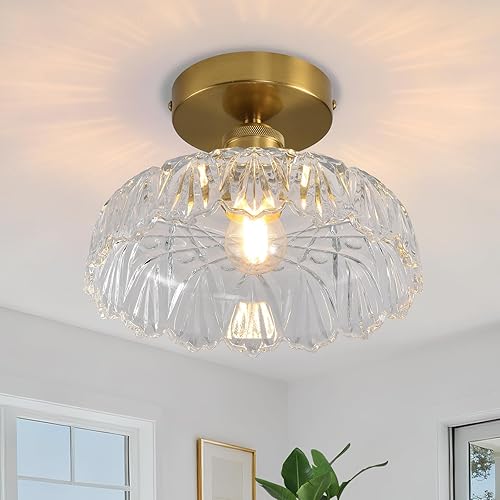 Lámpara de techo semiempotrada de mediados de siglo, moderna pantalla de vidrio translúcido floral, accesorios de iluminación cerca del techo para