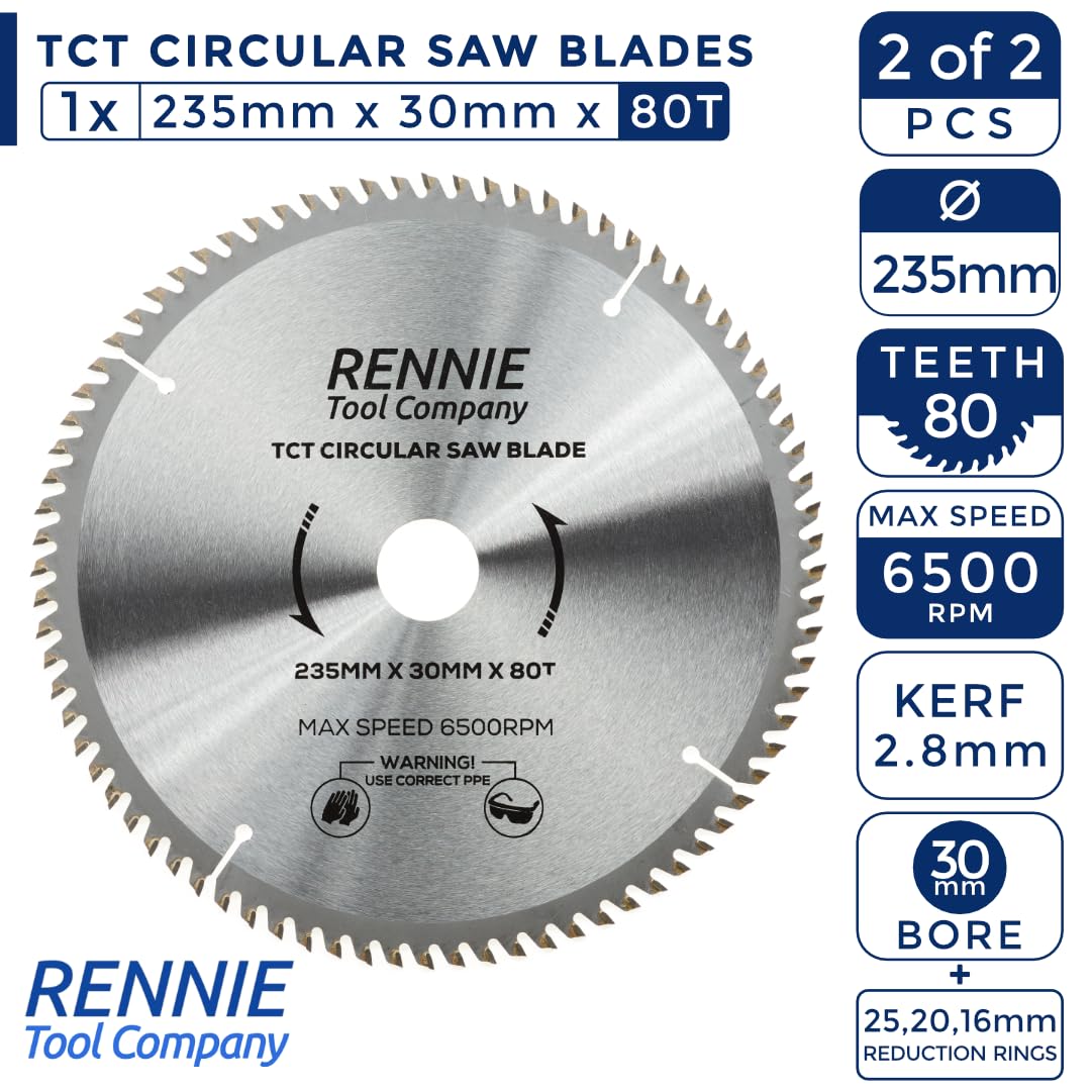 Rennie Tools - Lame circolari per legno da 235 mm x 30 mm x 40T e 80T TCT con anelli di riduzione del foro da 25 mm, 20 mm e 16 mm. Compatibile con sega circolare Bosch Makita Deewalt ecc. Lama per