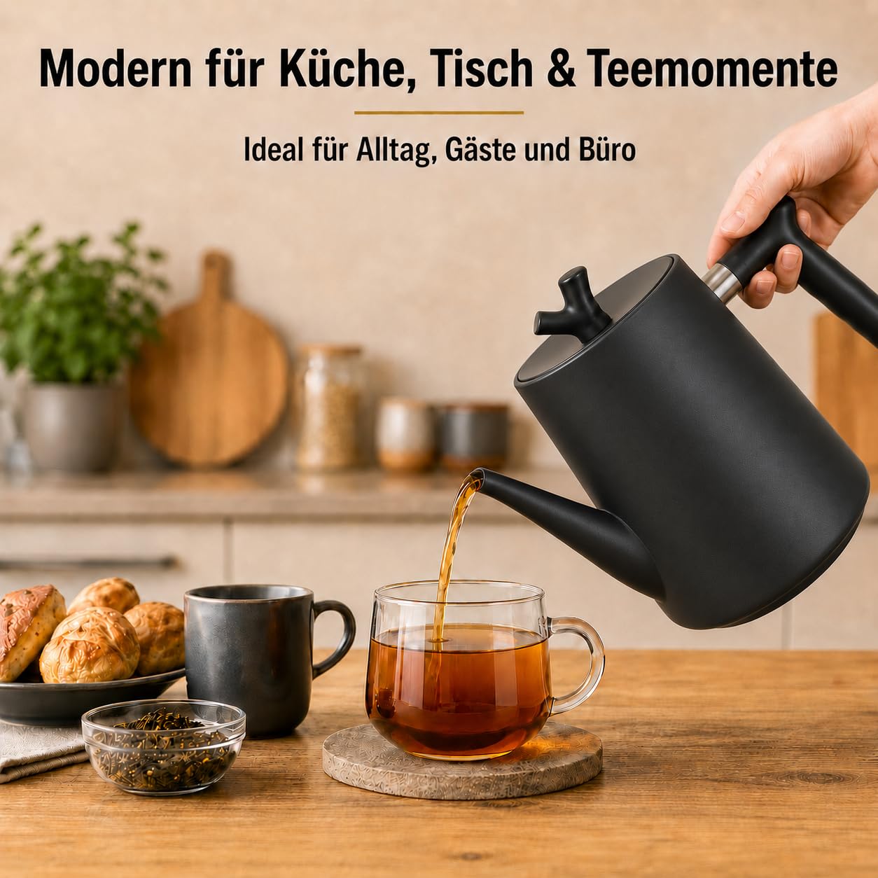 Teekanne mit Siebeinsatz 1.5 L - Teekanne Edelstahl Doppelwandig Schwarz Isolierkanne für Losen Tee Kräutertee und Kaffee - 100% Tropffrei Hitzebeständiger Griff für alle Herdarten