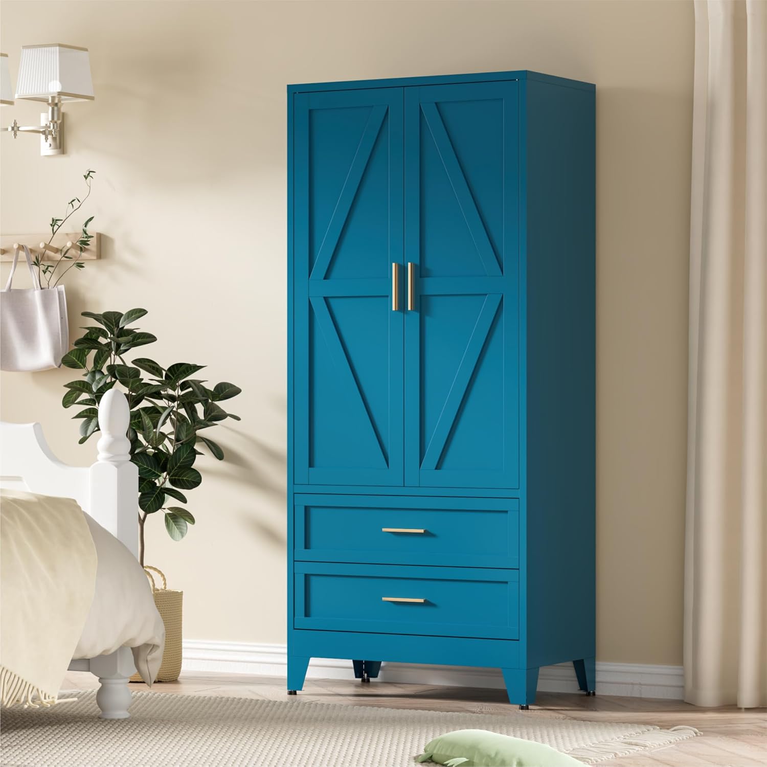 Blue Metal Wardrobe Cabinet, 71" Tall Freestanding Farmhouse Armoire with Drawers and Shelf for Hanging Clothes, 2 Rustic Geometric Barn Doors Design Storage Cabinets for Bedroom Home Office