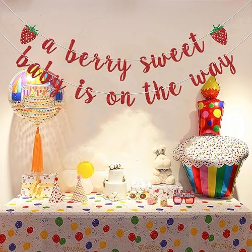 Miniatura 6 de Cartel con texto en inglés A Berry Sweet Baby is On The Way, decoraciones de fiesta de baby shower con temática de frutas dulces y bayas para niños,