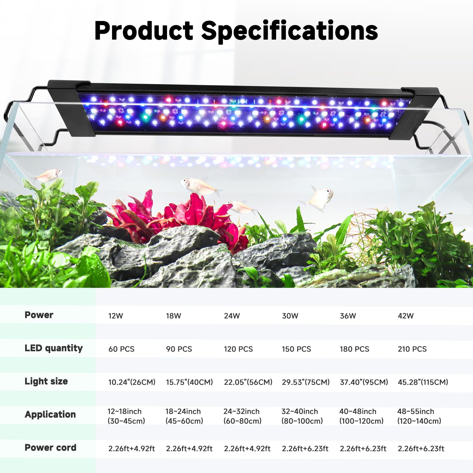 AQQA LED Aquarium Light, 24/7 Mode IP68 Waterproof Extendable Bracket Fish Tank Light, DIY Mode Full Spectrum Aquarium Plant Light, Adjustable Timer/Brightness Memory Function for 18-24 Inch Fish Tank