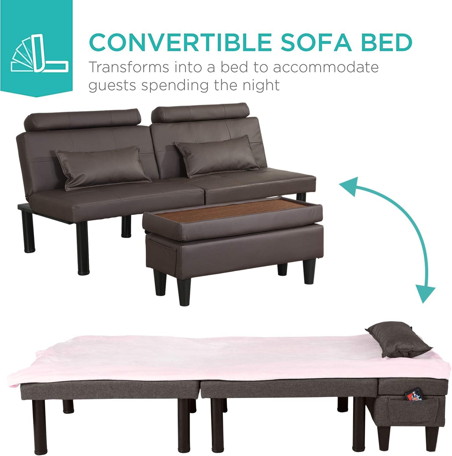 Futon Sofa Bed Couch and Sleeper with Storage Ottoman Footstool or Coffee Table and 2 Lumbar Pillows, Tufted Adjustable Convertible Futon Sofa Bed Sleeper Couch Loveseat, Small, Metal Leg, Leather