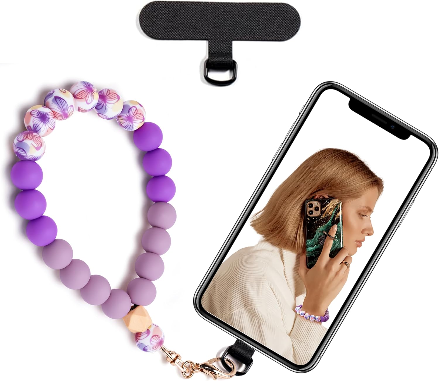 Silicone Beaded Phone Wrist Strap for Women, Elastic Wristlet