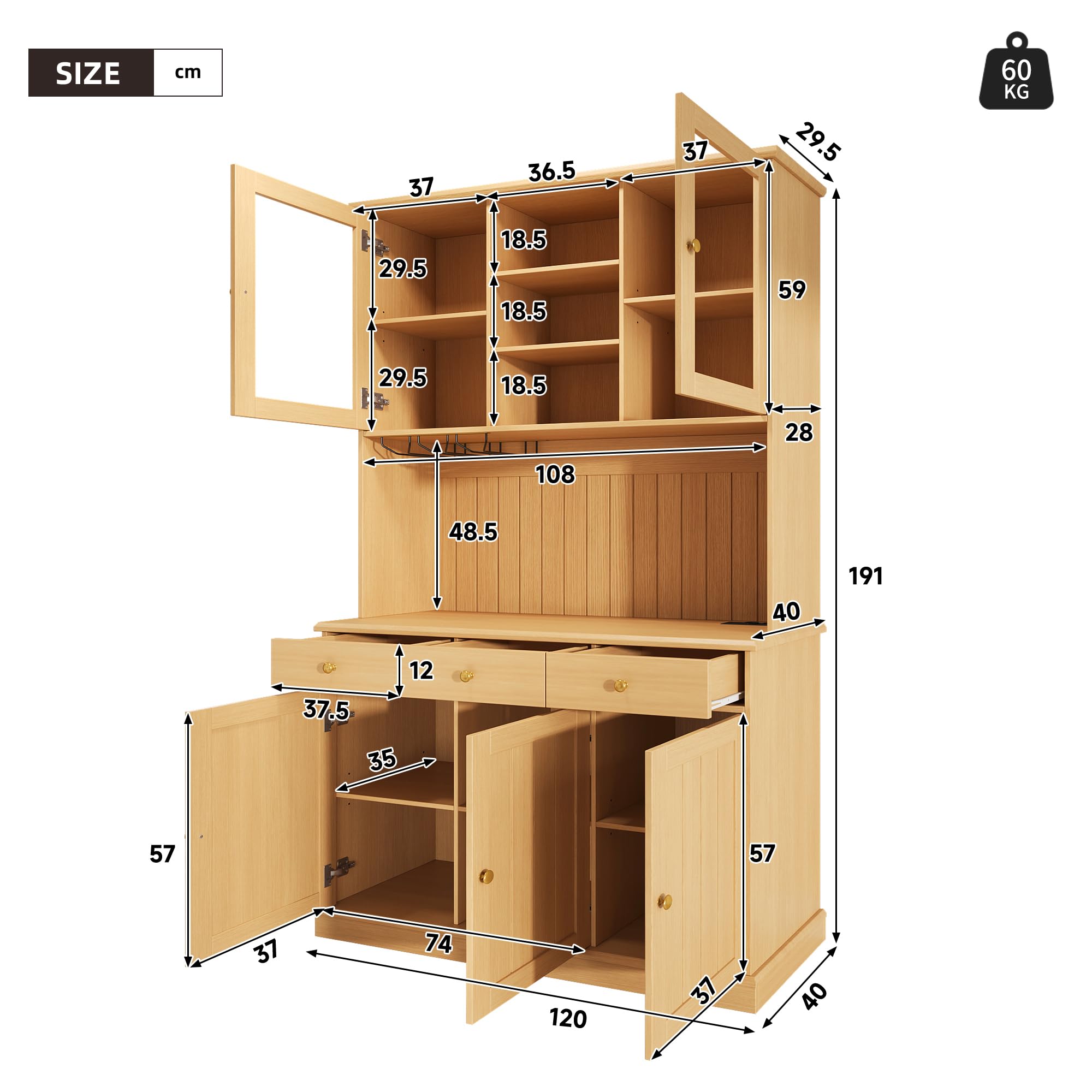 Küchenschrank mit USB-C- und USB-A-Anschlüssen, Buffetschrank mit Steckdose Sowie, Hochschrank mit Mehrstufigem Stauraum, Vitrinenschrank Küche, Esszimmerschrank, Vitrine, Schrank Küche