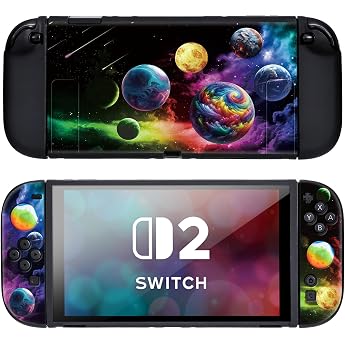DLseego Case Compatible with Switch 2 Soft Dockable TPU Case Scratch-Resistant and Shock-Absorbing Protective Case with Grip Cover and 2 Pieces Thumb Grip Caps Coloured Planet