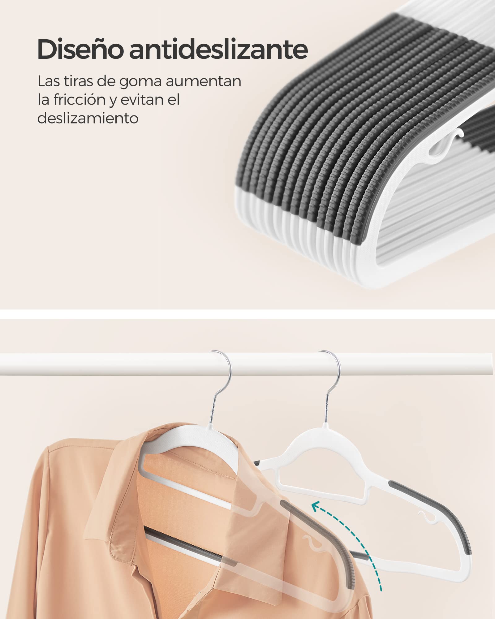 SONGMICS Juego de 50 Perchas, Perchas de Plástico, Antideslizantes, Ahorra Espacio, 0,5 cm de Grosor, 42 cm de Largo, Gancho Plata Giratorio de 360°, Blanco y Gris Oscuro CRP020W02