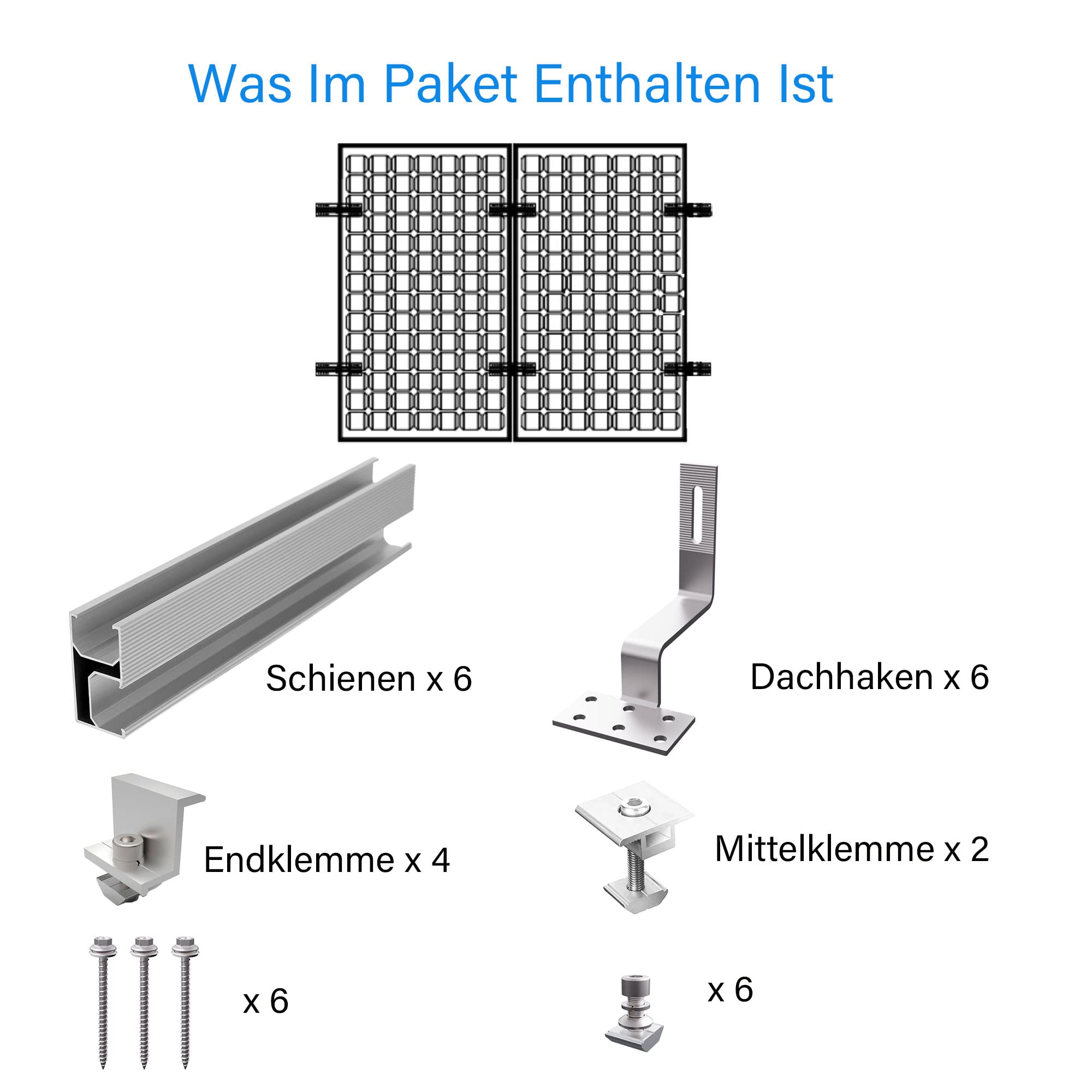 TEOV PV Montageset Ziegeldach Glasziegeldach, Befestigung Solarmodul Halterung mit 30cm Montageschiene und Dachhaken, Solarpanel Halterung mit Endklemme Und Mittelklemme, für 30~35mm 2 Solarmodule