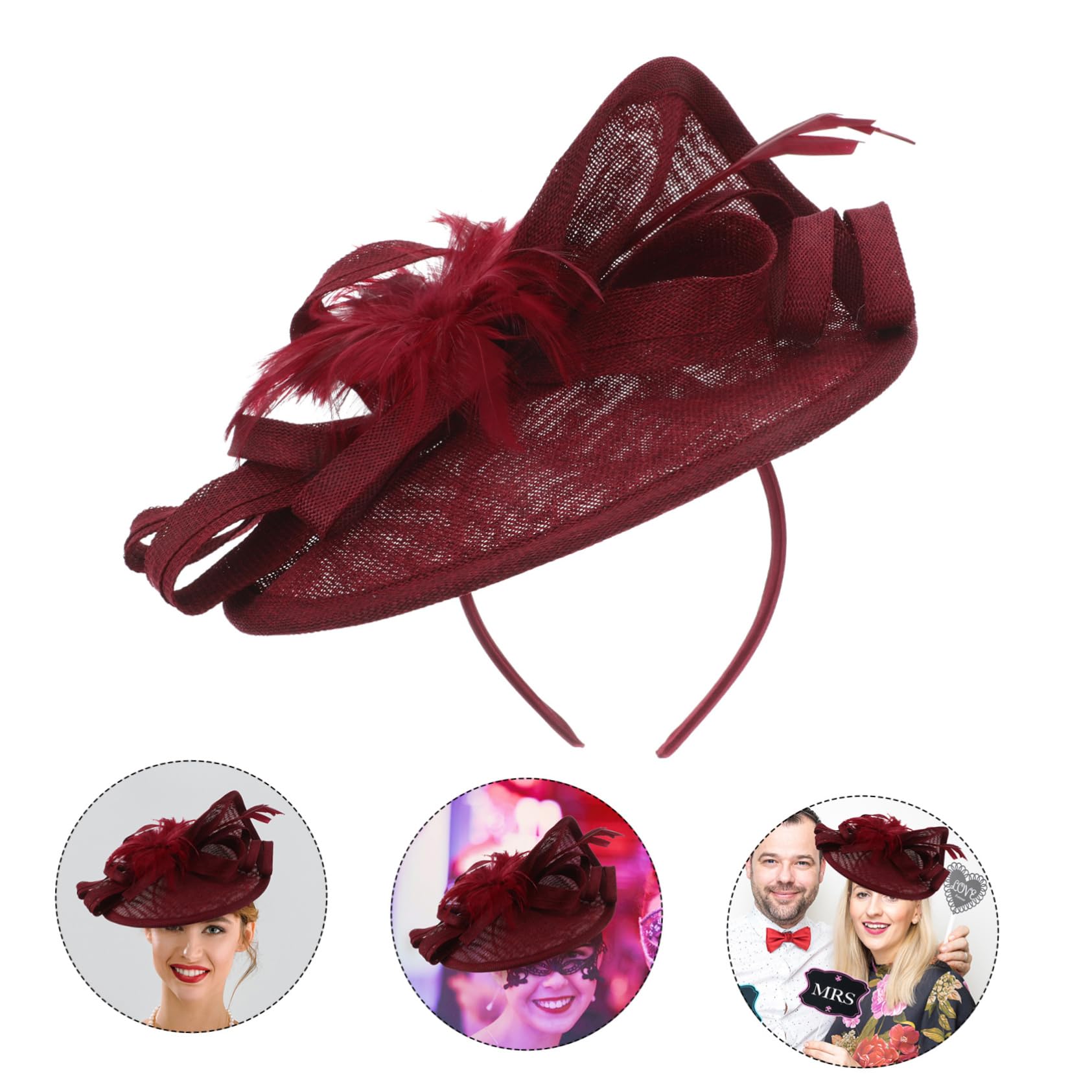 Fascinator Cappello Clip per Donna, Elegante, Rosso Scuro | Set Leggero per Party e Varie Occasioni, Lino Artificiale, Poliestere e Piume, Stile Fashion