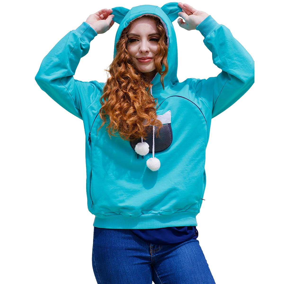 ALYC Pet Carrier Hoodie Cat Dog Pouch Holder Sweatshirt Large Pocket Pullover Shirt with Cat Ear for Women (Green, Small)