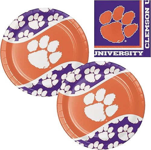Party Creations Clemson Tigers Party Supplies - El paquete incluye platos de papel y servilletas para 16 personas, naranja, morado y blanco